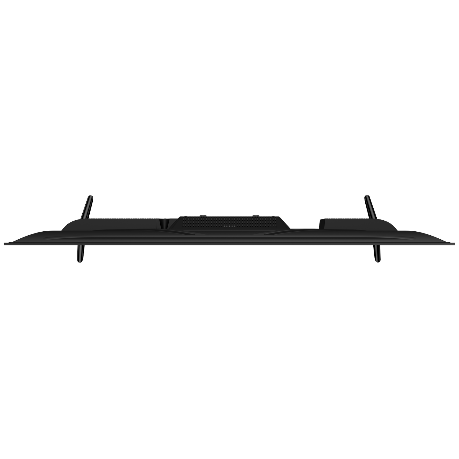 Top-down view of a black TV. It has two stands and air vents. Plain white background.