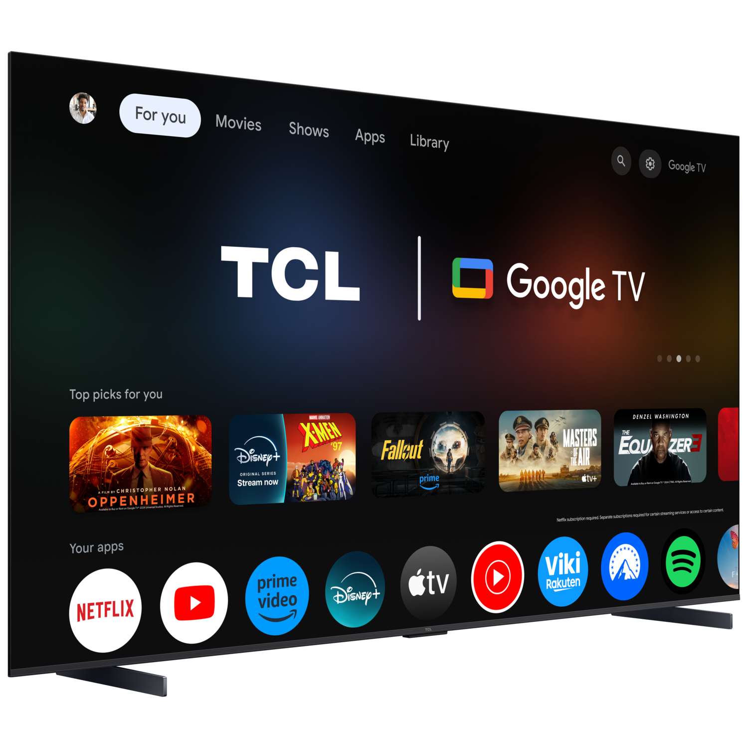 Een zwarte tv toont de Google TV-interface, met apps zoals Netflix.
