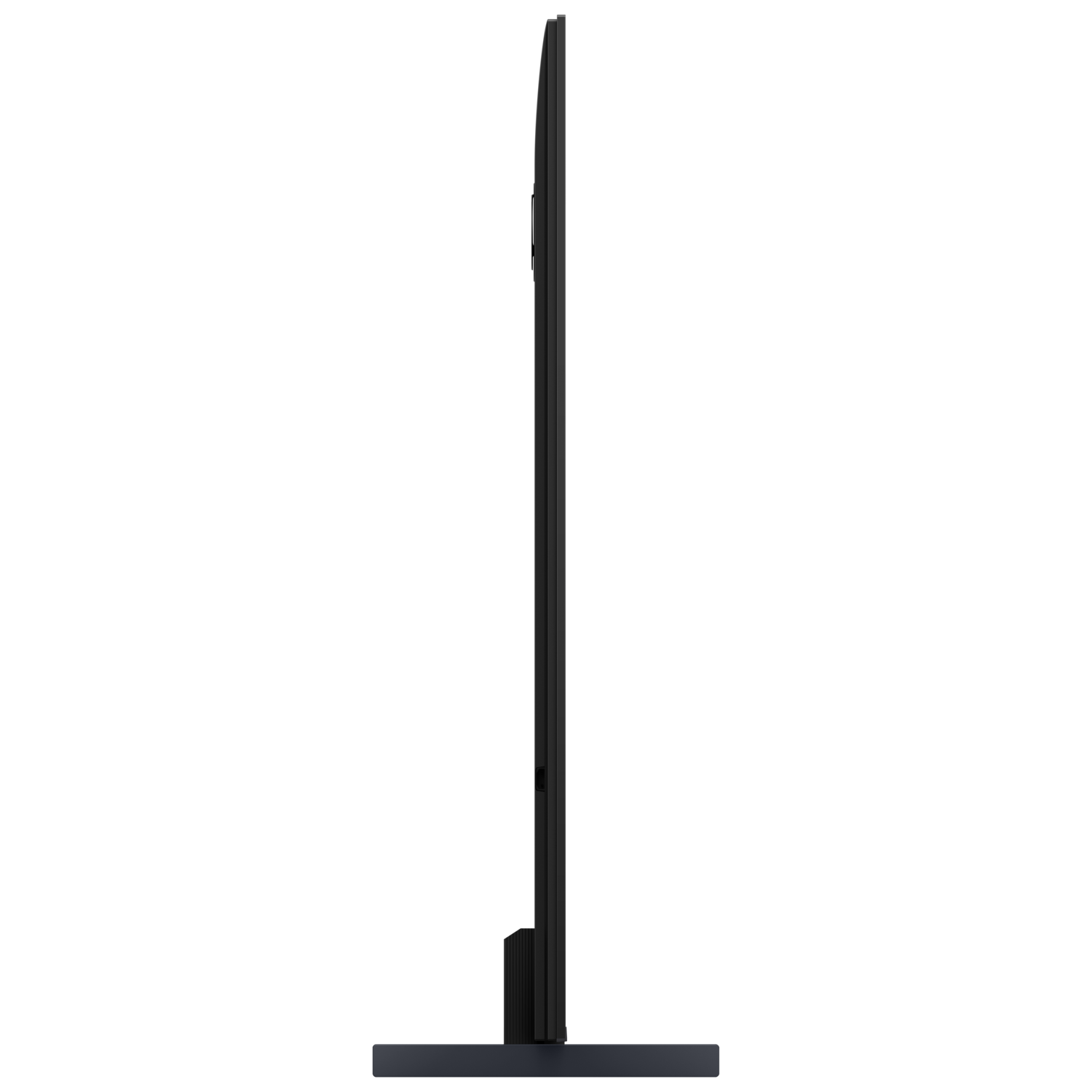 Zijaanzicht van een zwarte tv. Het scherm is donker. De voet is donkerblauw.