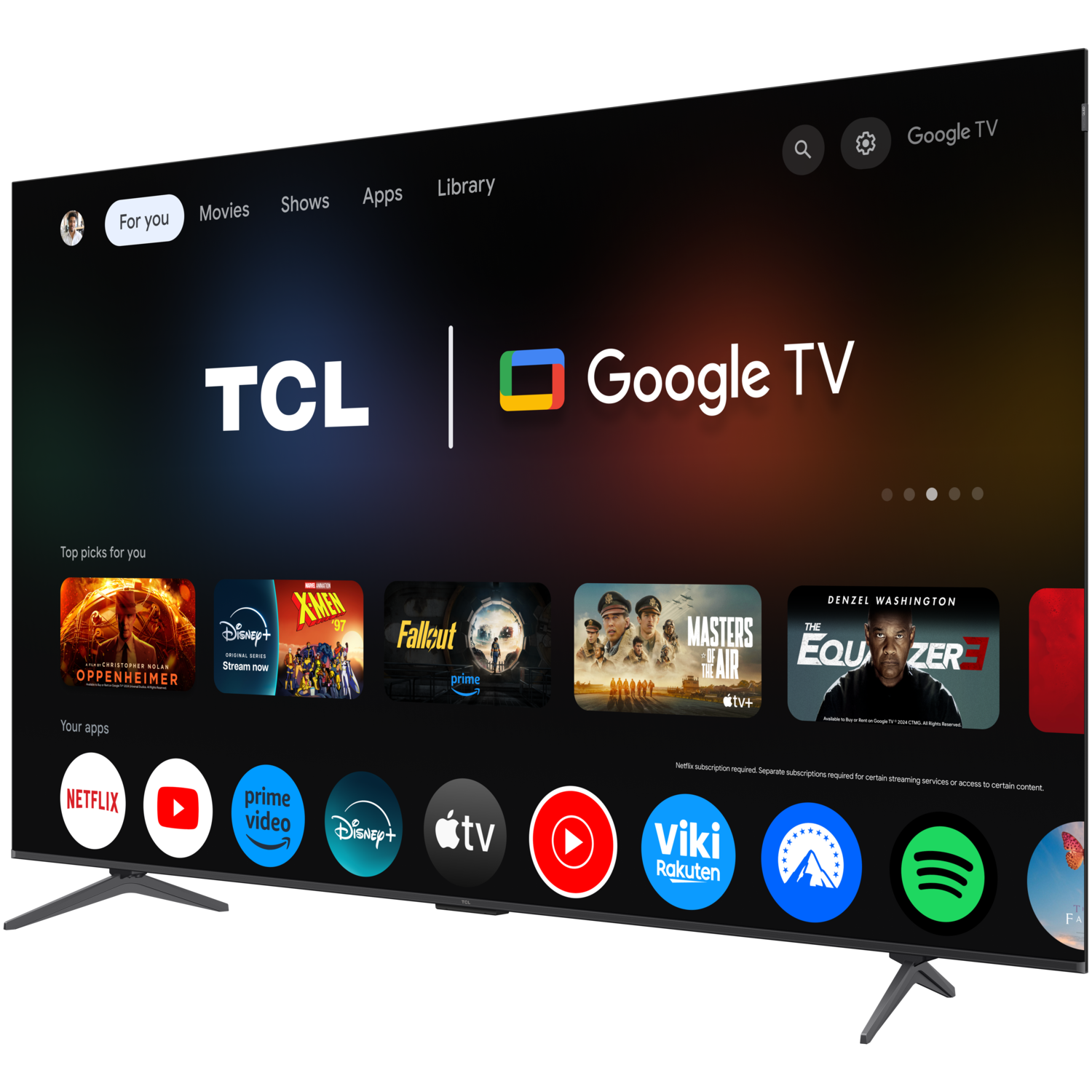 Een moderne tv toont een Google TV-interface. Apps zoals Netflix en Prime zijn zichtbaar.