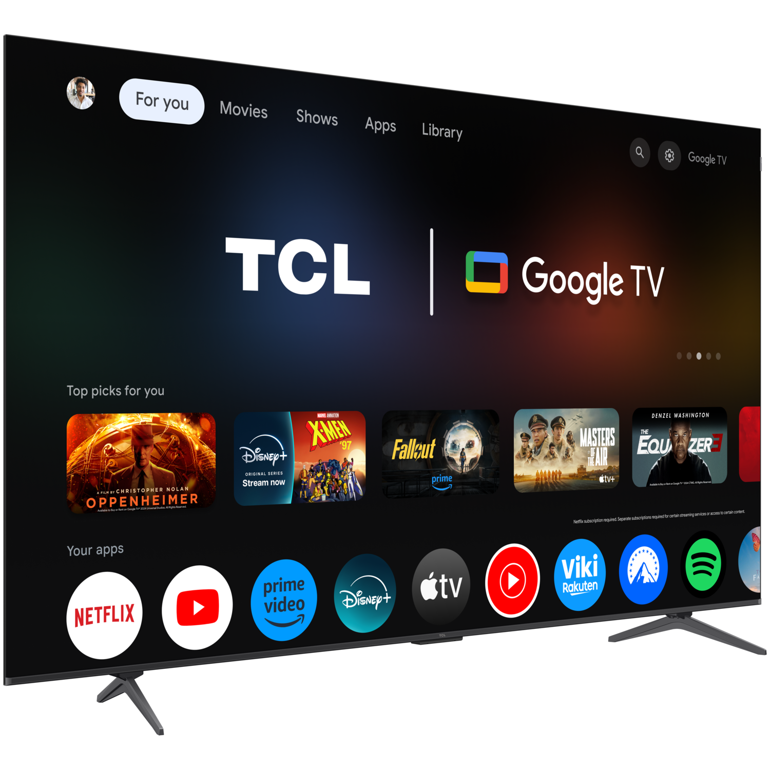 Een TCL Google TV. Het scherm toont streaming apps.