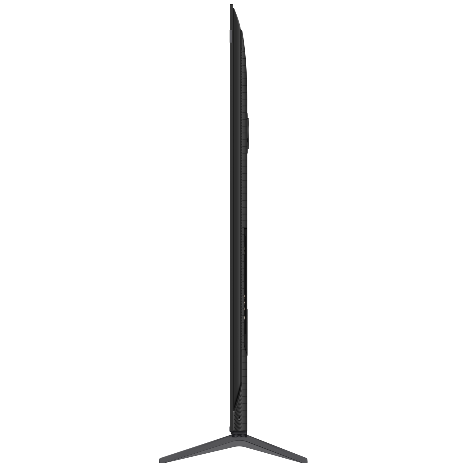Zijaanzicht van een zwarte, dunne flatscreen-tv op een standaard.