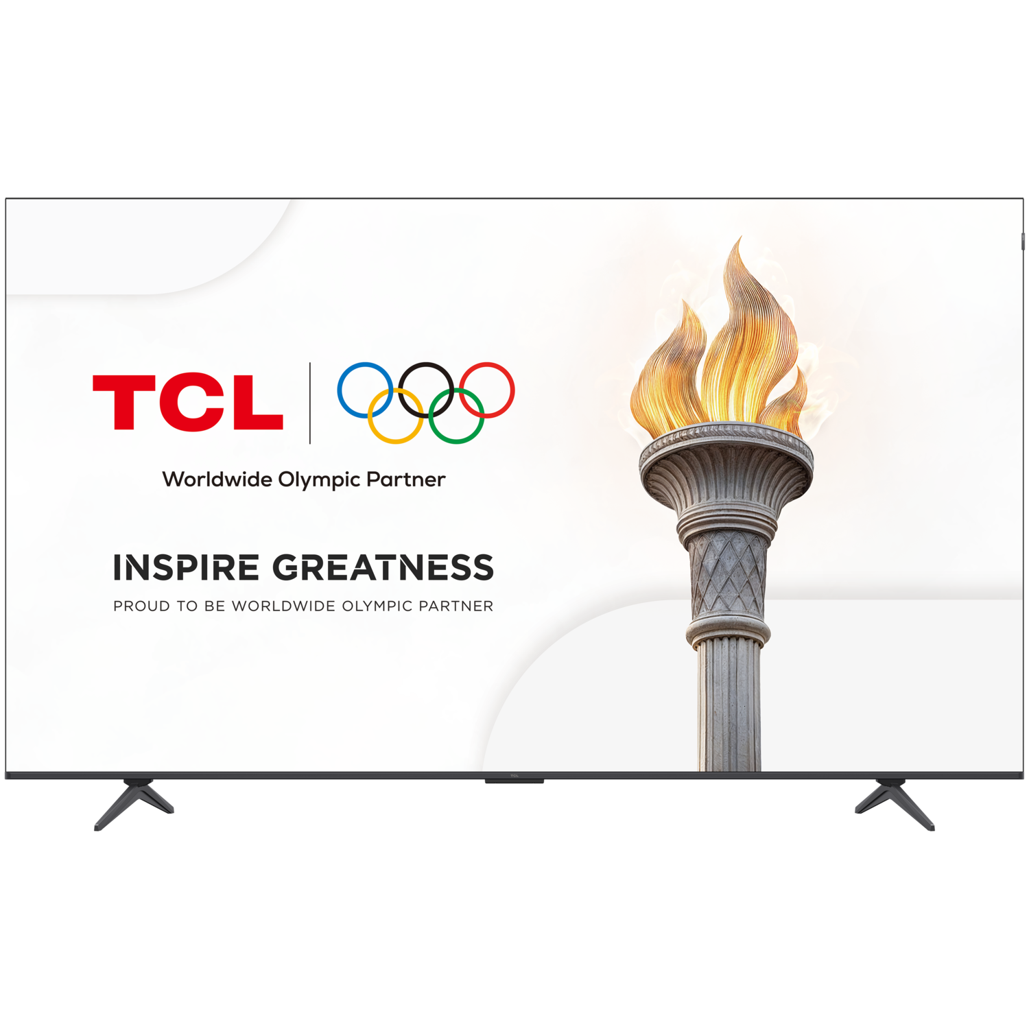 Een TCL tv-scherm met de Olympische ringen en een fakkellogo.