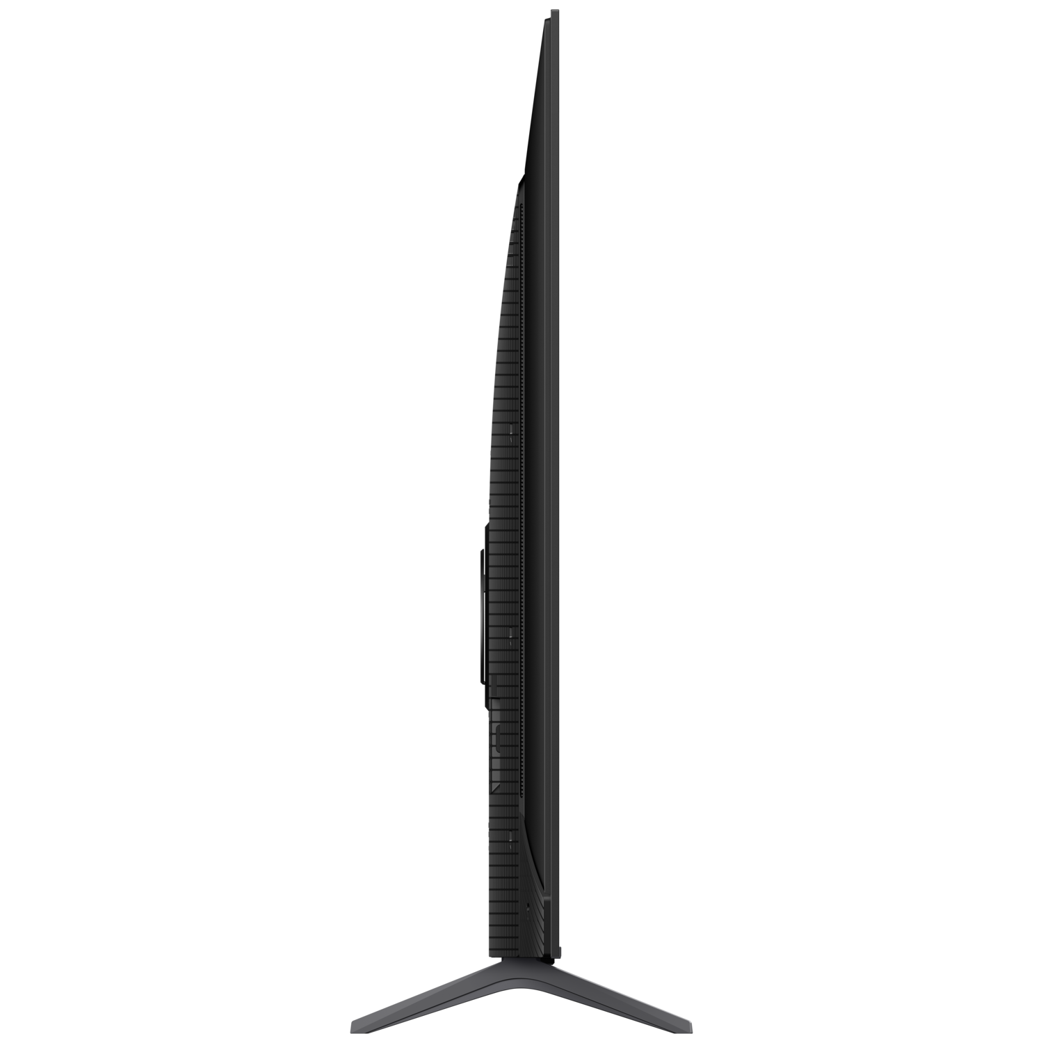 Zijaanzicht van een donkergrijze flatscreen-tv op een zwarte achtergrond. De tv staat rechtop.