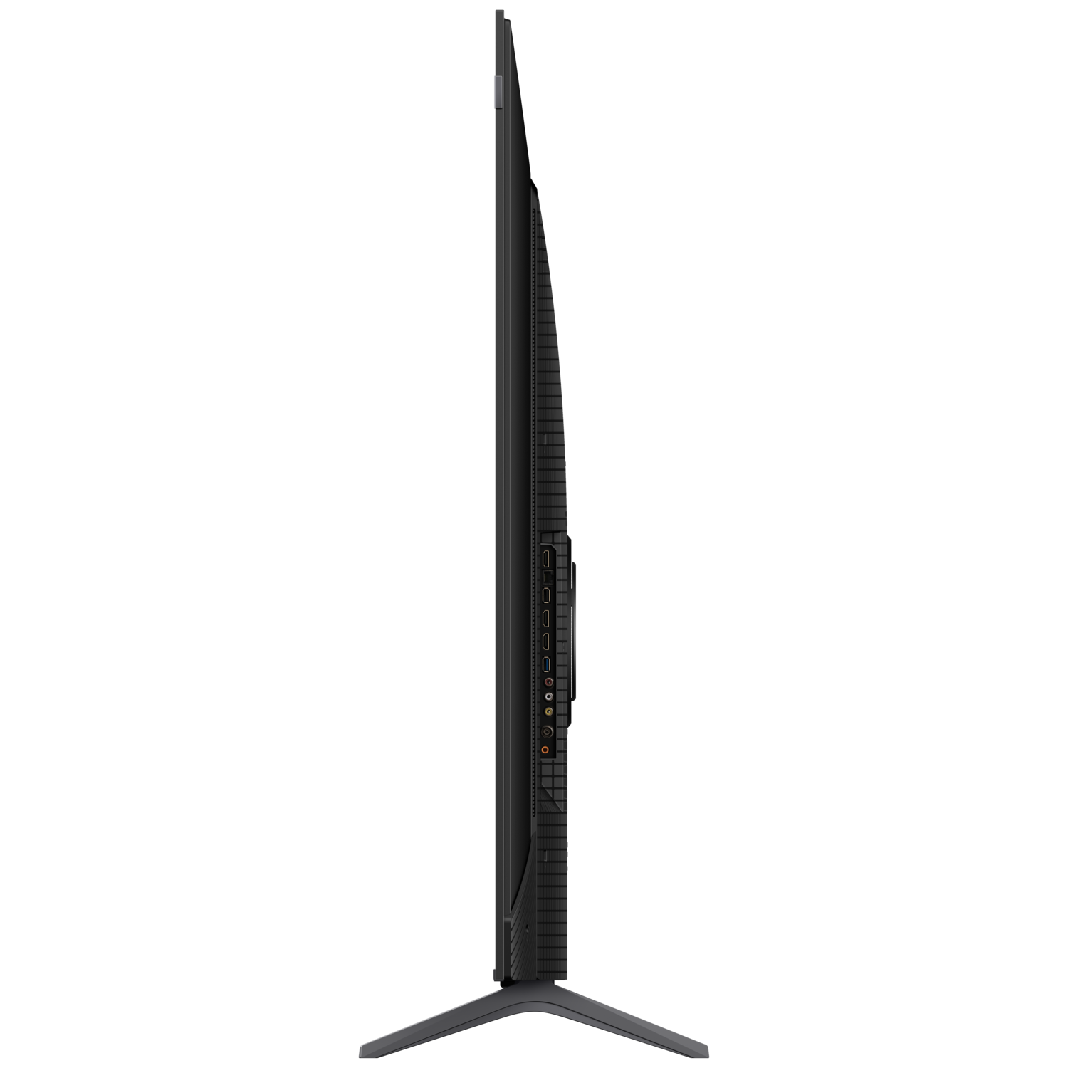 Zijaanzicht van een zwarte tv op een zwarte achtergrond.