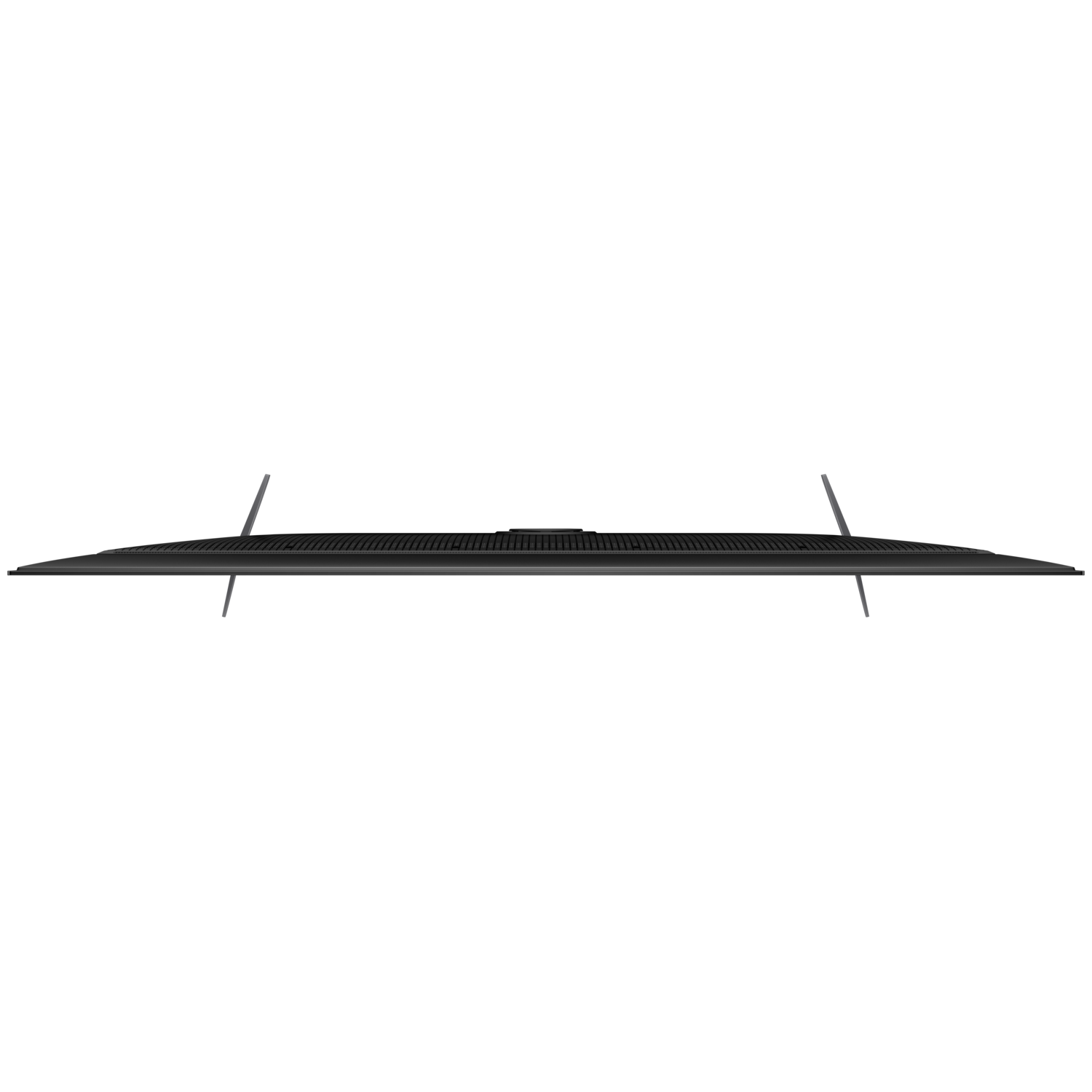 Bovenaanzicht van een flatscreen-tv met een zwart frame en standaard, op een zwarte achtergrond.