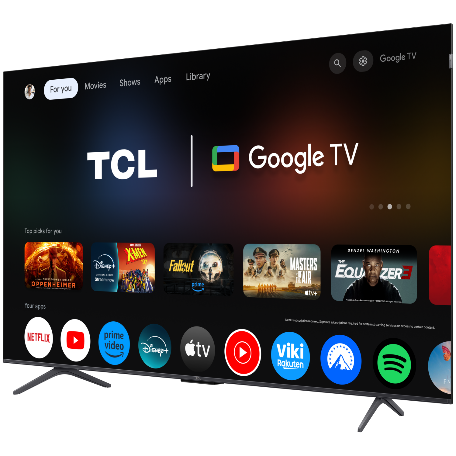 TCL Google TV displaying apps and content. TV shows a user interface screen.