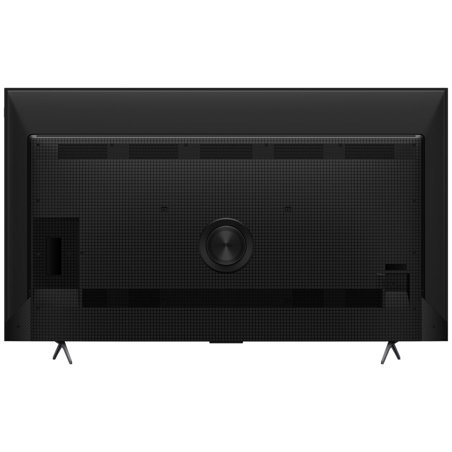 The back of a black TV with a grid texture, ports, and a circular design.