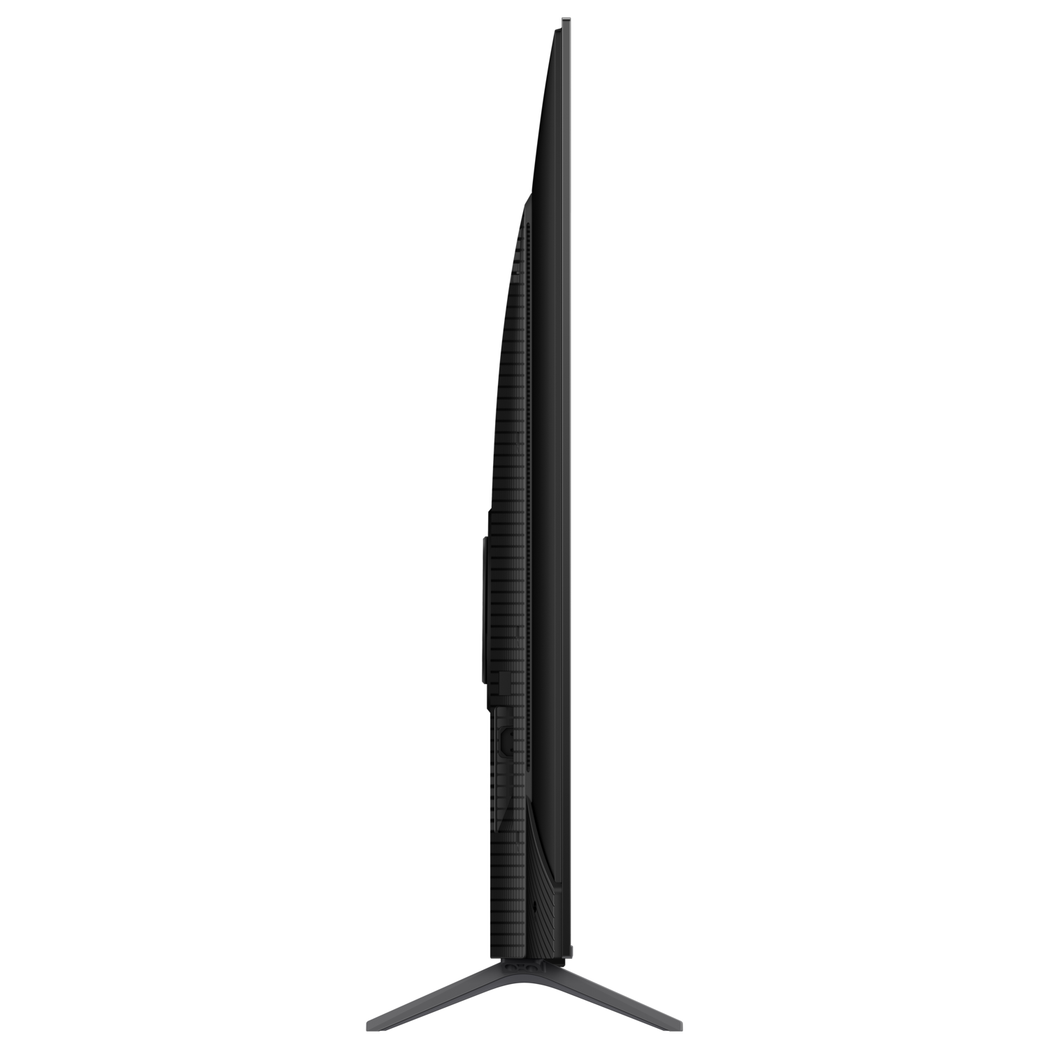 Side view of a black television set, thin profile.