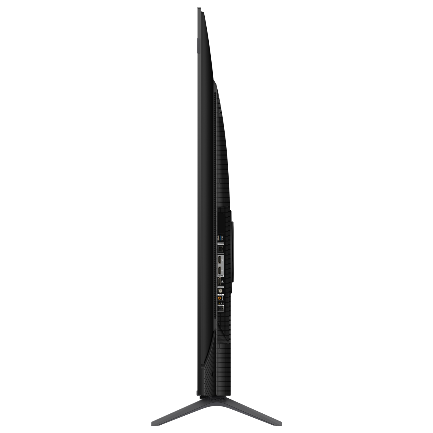 A TV side view. Black, with ports visible. Black background.
