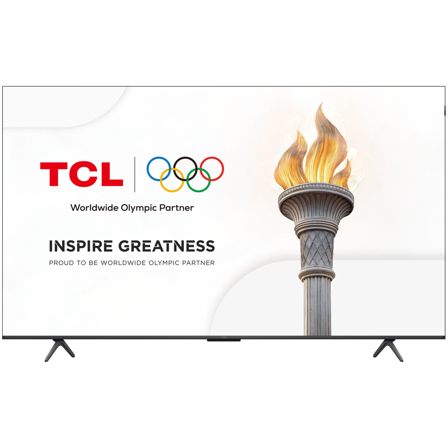 TCL TV screen displays the Olympic rings, a torch, and the words 'Inspire Greatness'.