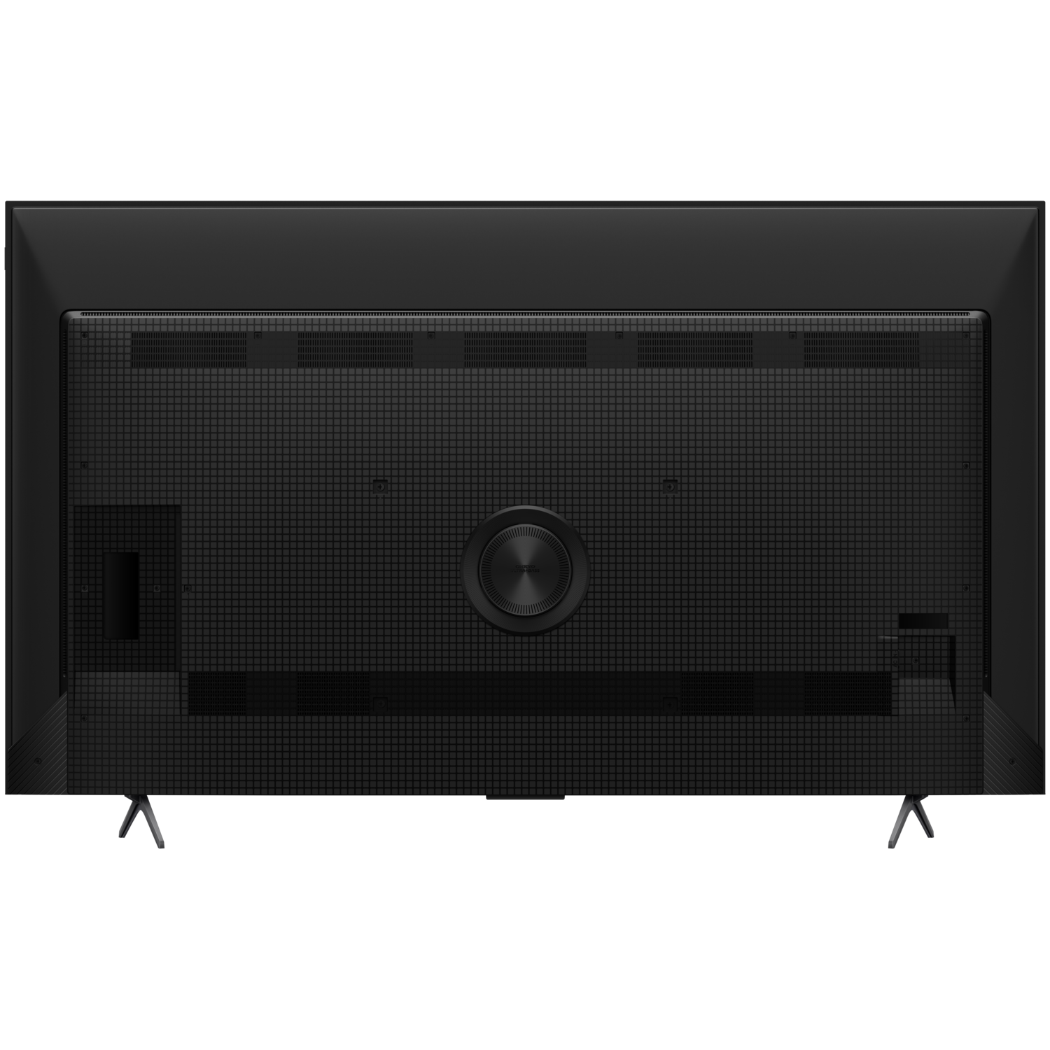 Back of a black TV. It has a grid-like texture and a circular port.
