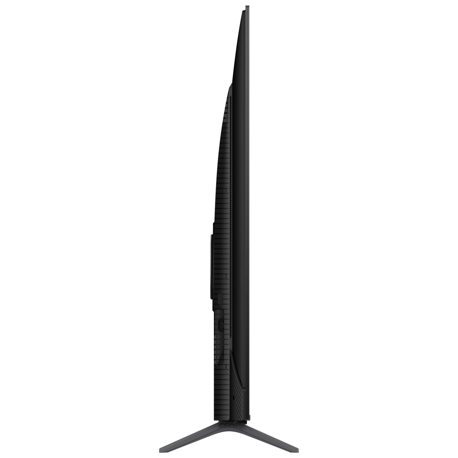 Side view of a black TV with side ports on a black background. Stand is visible.