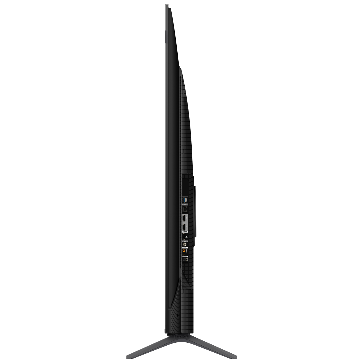 Side view of a black TV with ports and a stand.