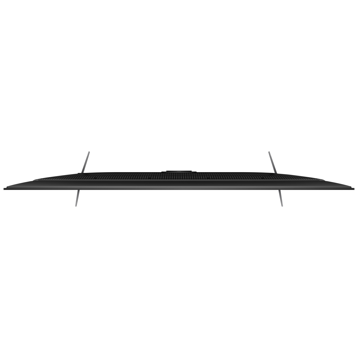 Top-down view of a black TV. Shows the top, with two legs at the bottom.