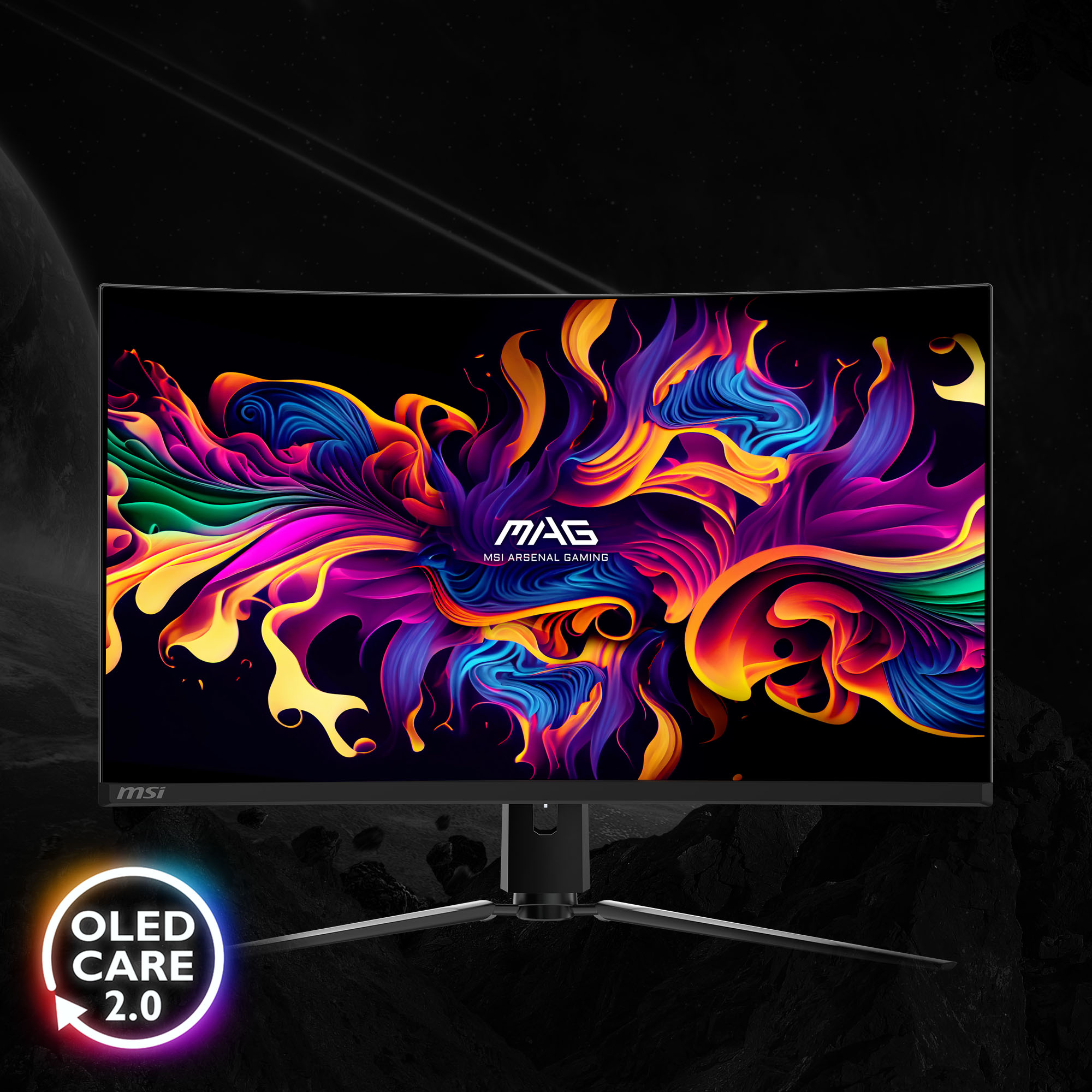 Gebogener Gaming-Monitor mit farbenfrohen Grafiken. MSI-Logo und OLED CARE 2.0-Label.