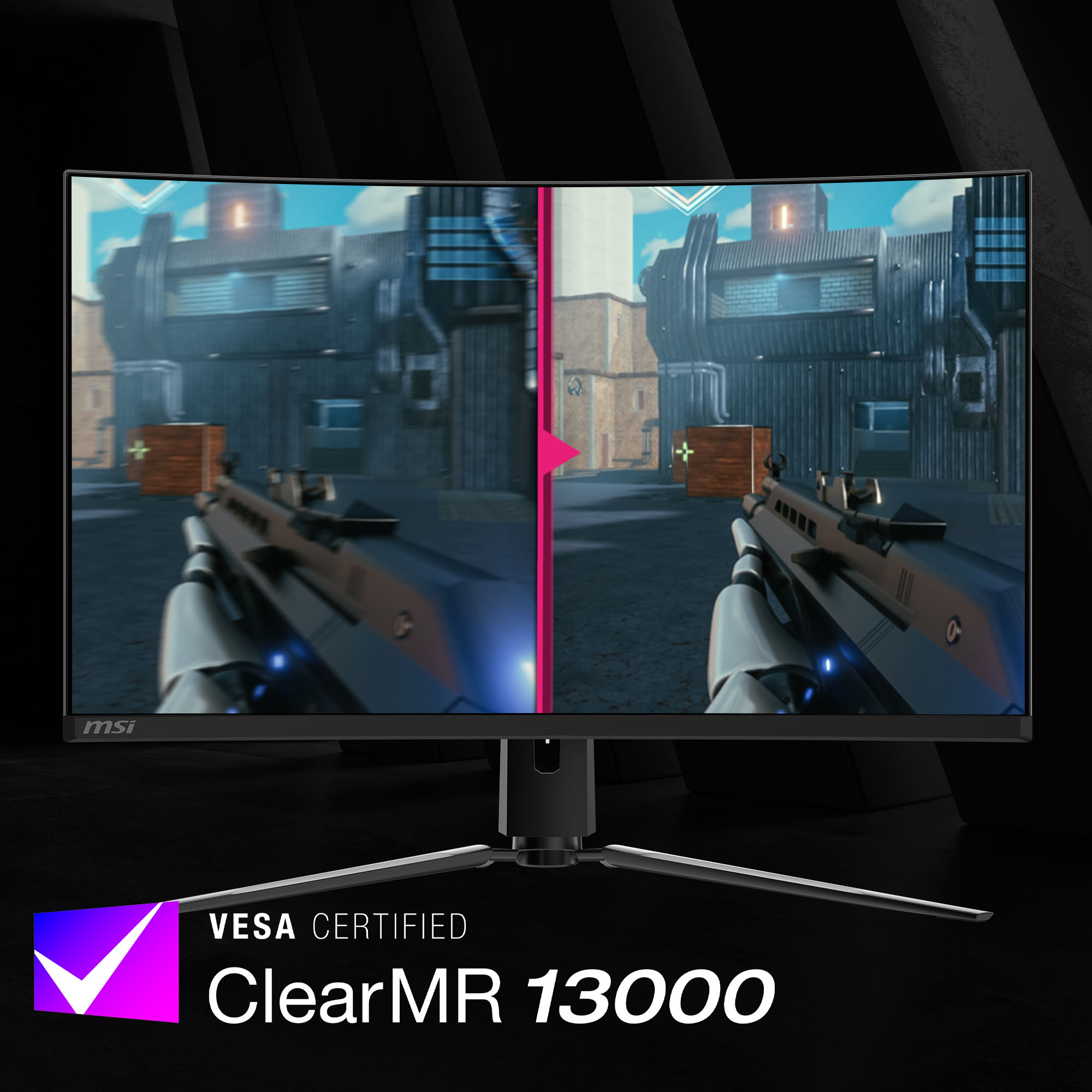 Gebogener Monitor mit Spielbildschirm. MSI-Logo und ClearMR 13000 sind sichtbar.