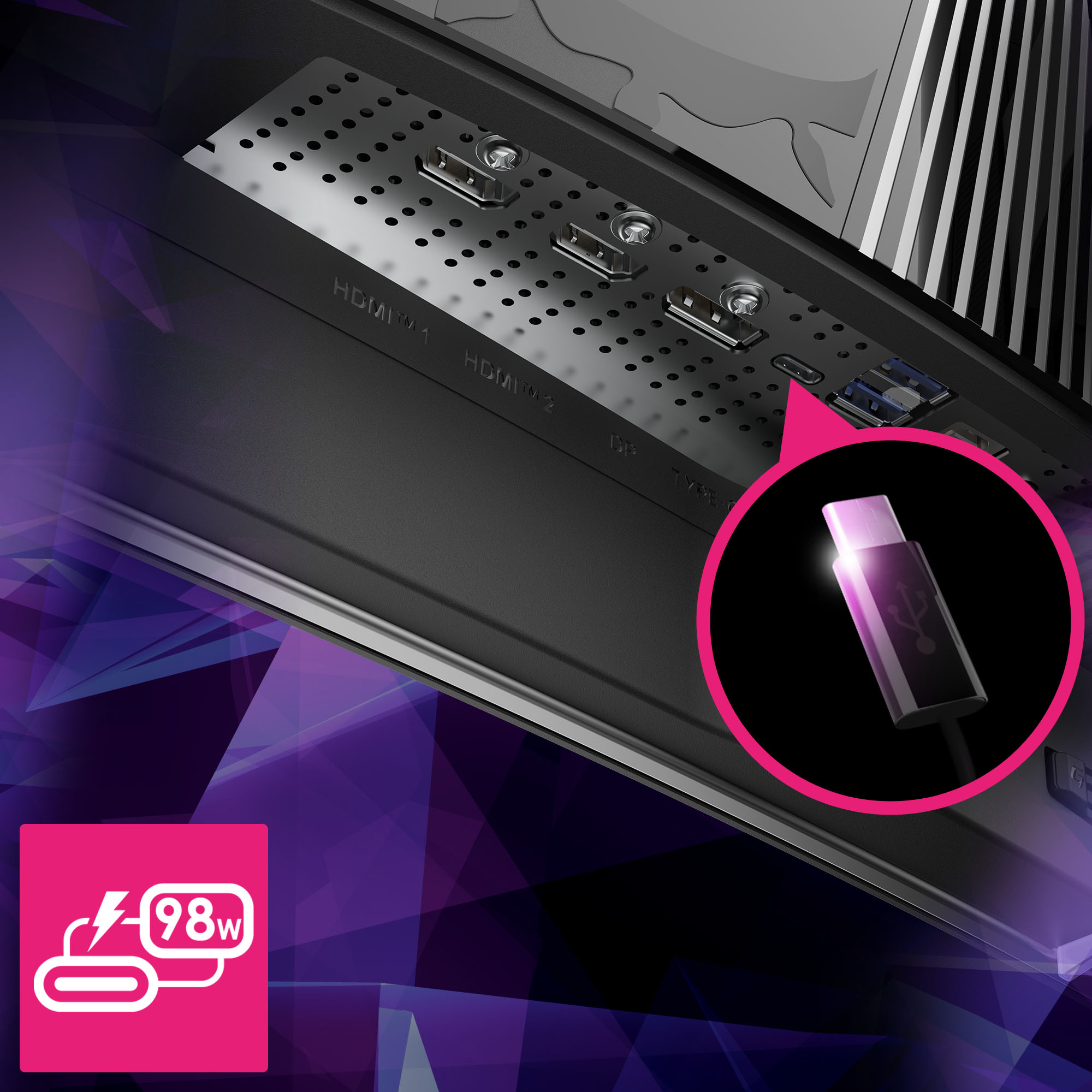 Nahaufnahme der Rückseite eines schwarzen Geräts mit Anschlüssen. USB-C-Anschluss pink hervorgehoben.