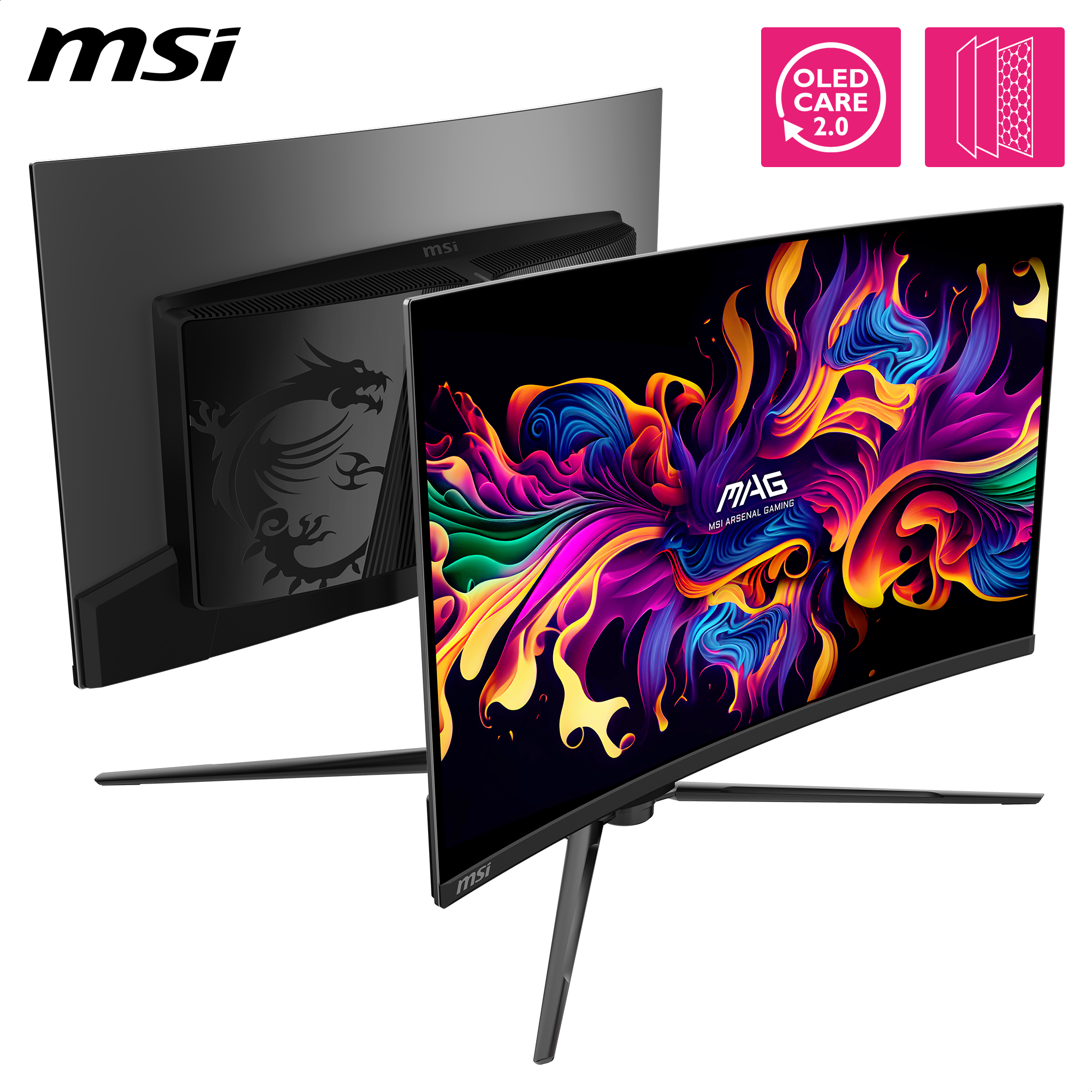 MSI Gaming-Monitor mit farbenfrohem Bildschirm. Rückansicht zeigt ein Drachenlogo.