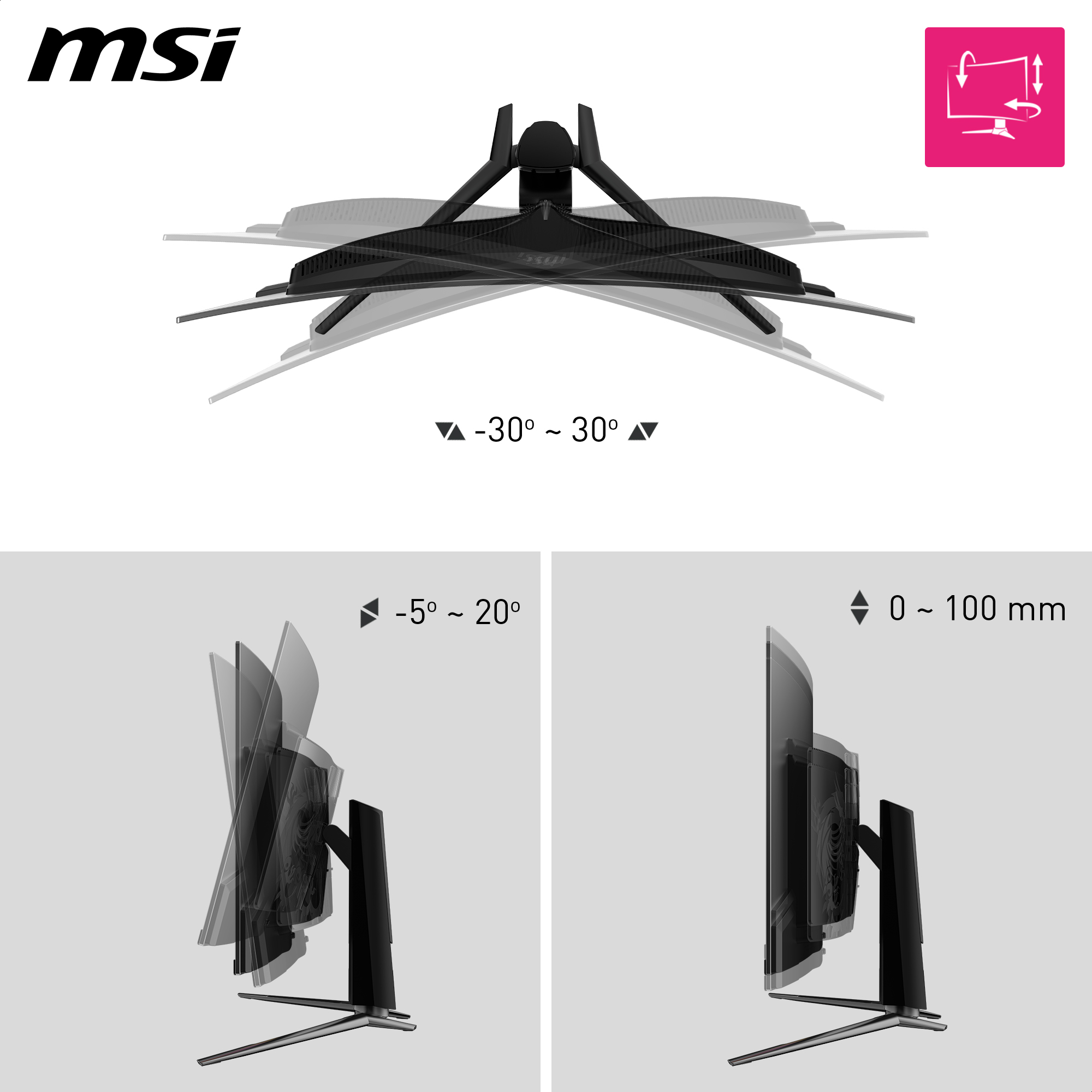 MSI-Monitor, der verschiedene Drehwinkel und Einstellungen auf weißem Hintergrund zeigt.