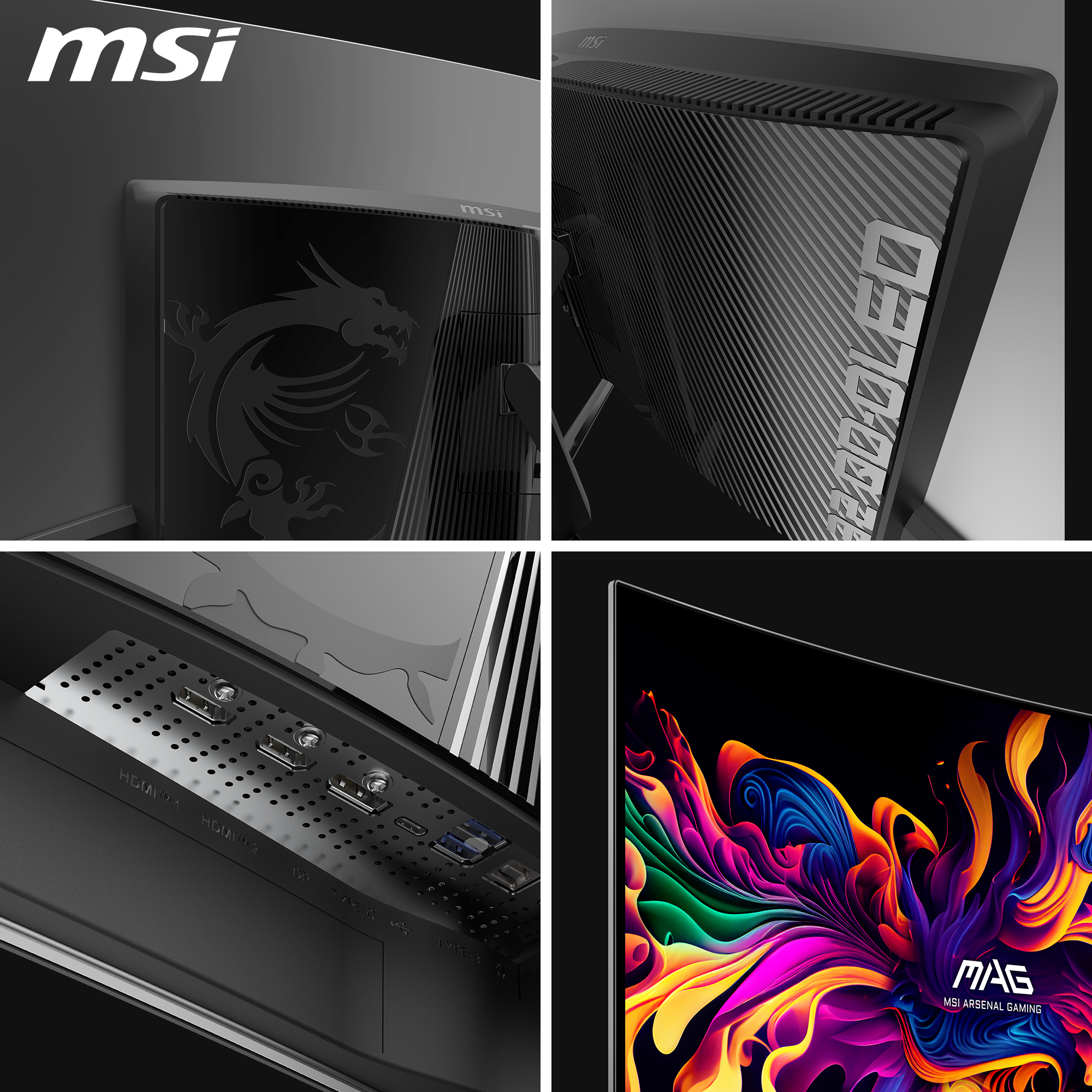 Nahaufnahmen des MSI-Monitors: Drachenlogo hinten, Anschlüsse und Bildschirmdetails.