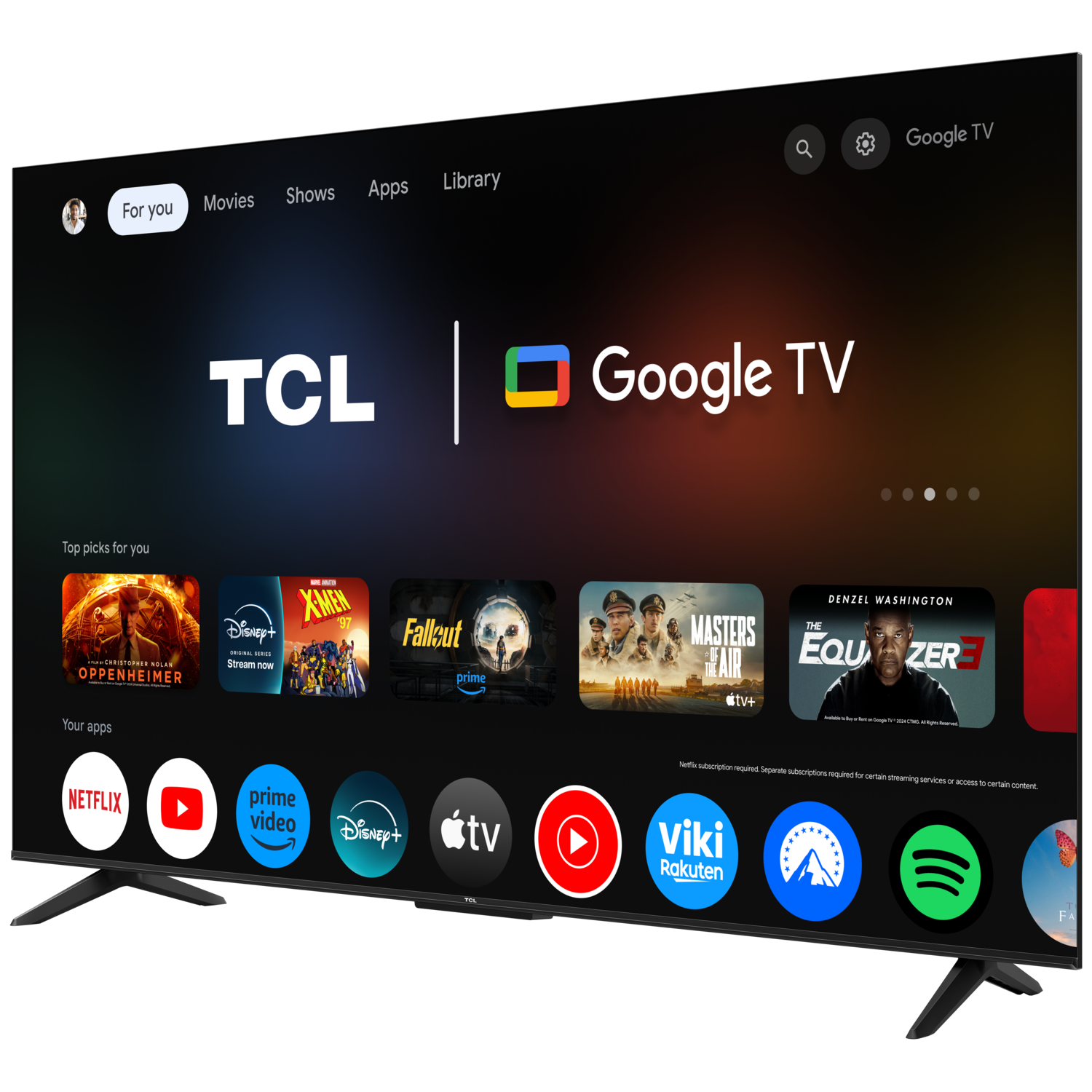 A TCL Google TV displaying an interface with app icons and a remote control.