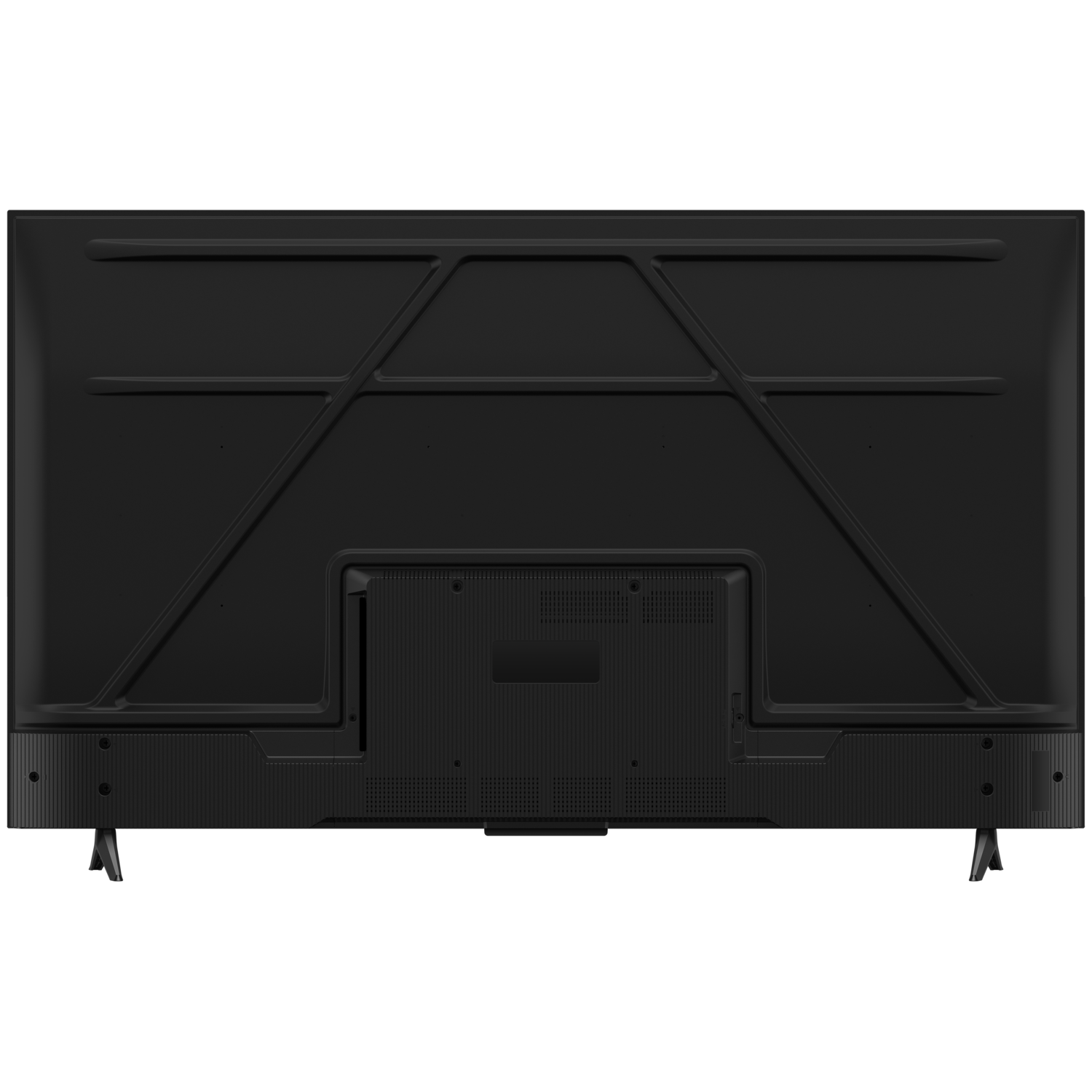 Back of a black TCL television with a structural frame, ports, and stand mounts.
