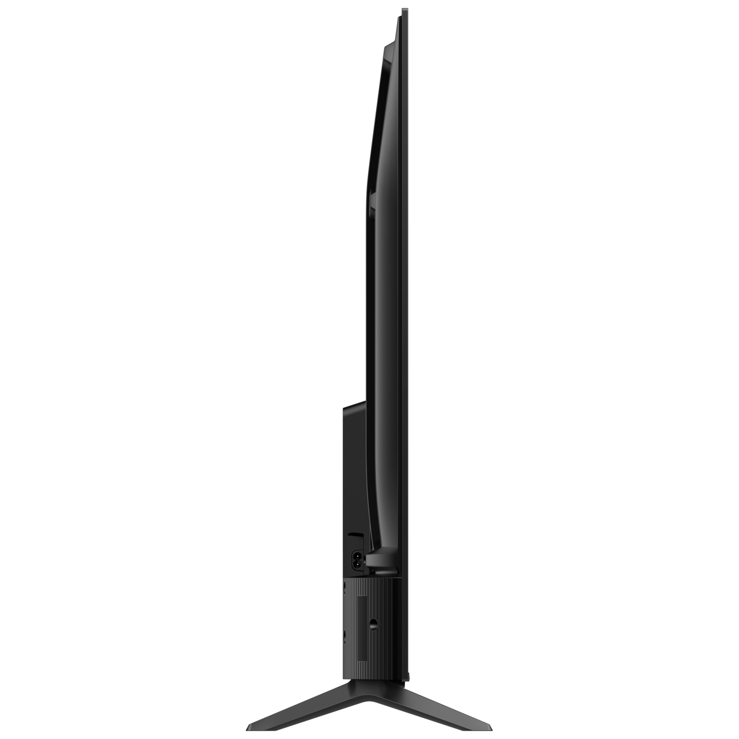 Side view of a black, sleek television with a stand.