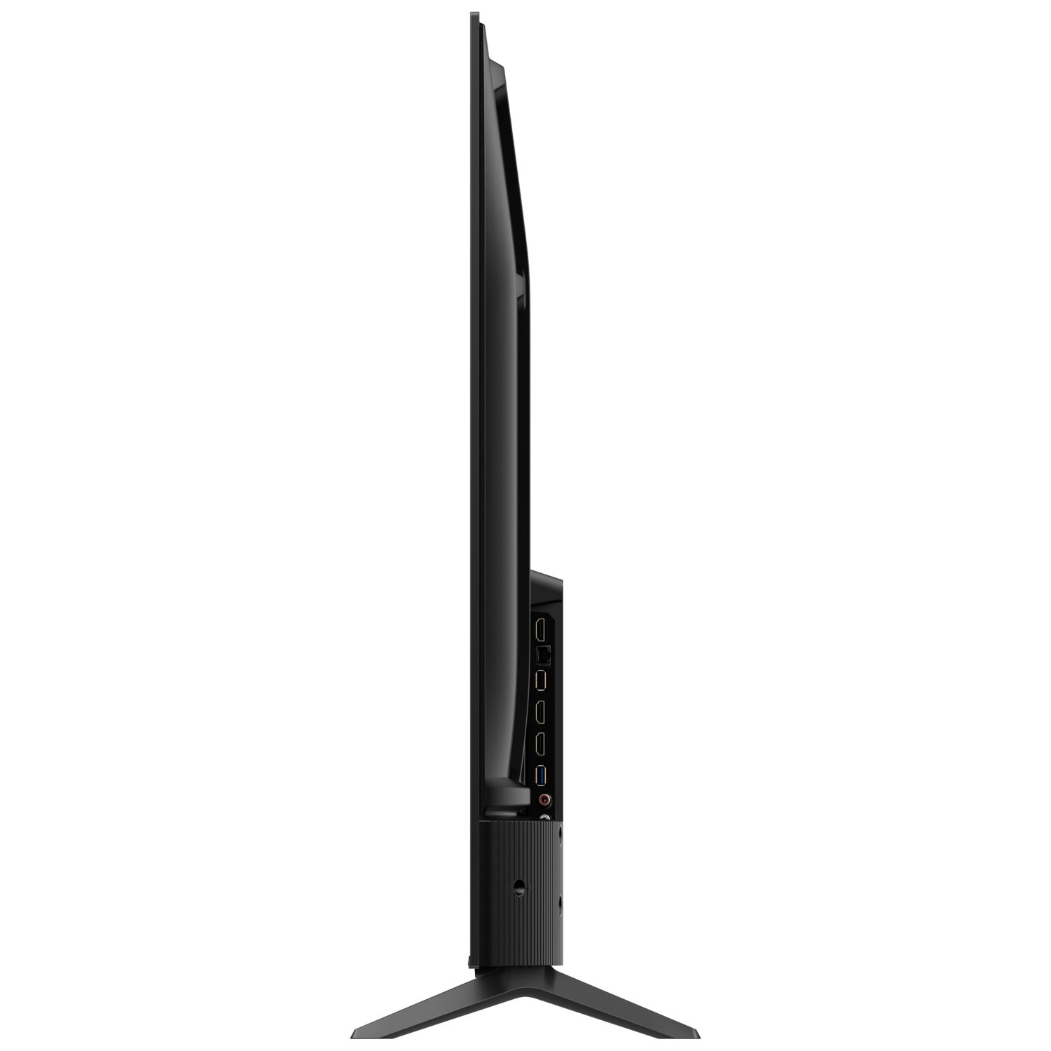 Side view of a black TV with a stand and ports on a black background.