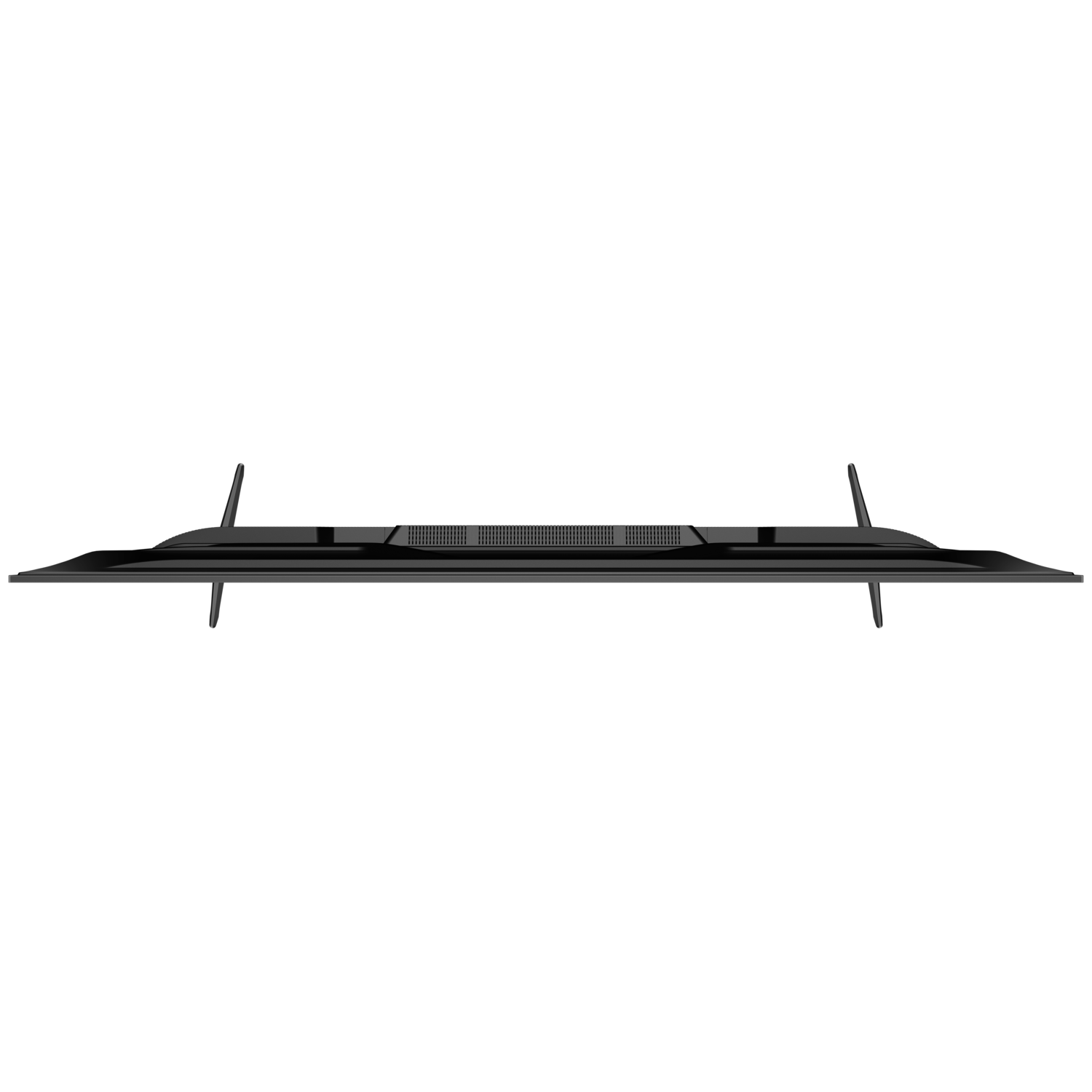 A top-down view of a black TV with two feet.