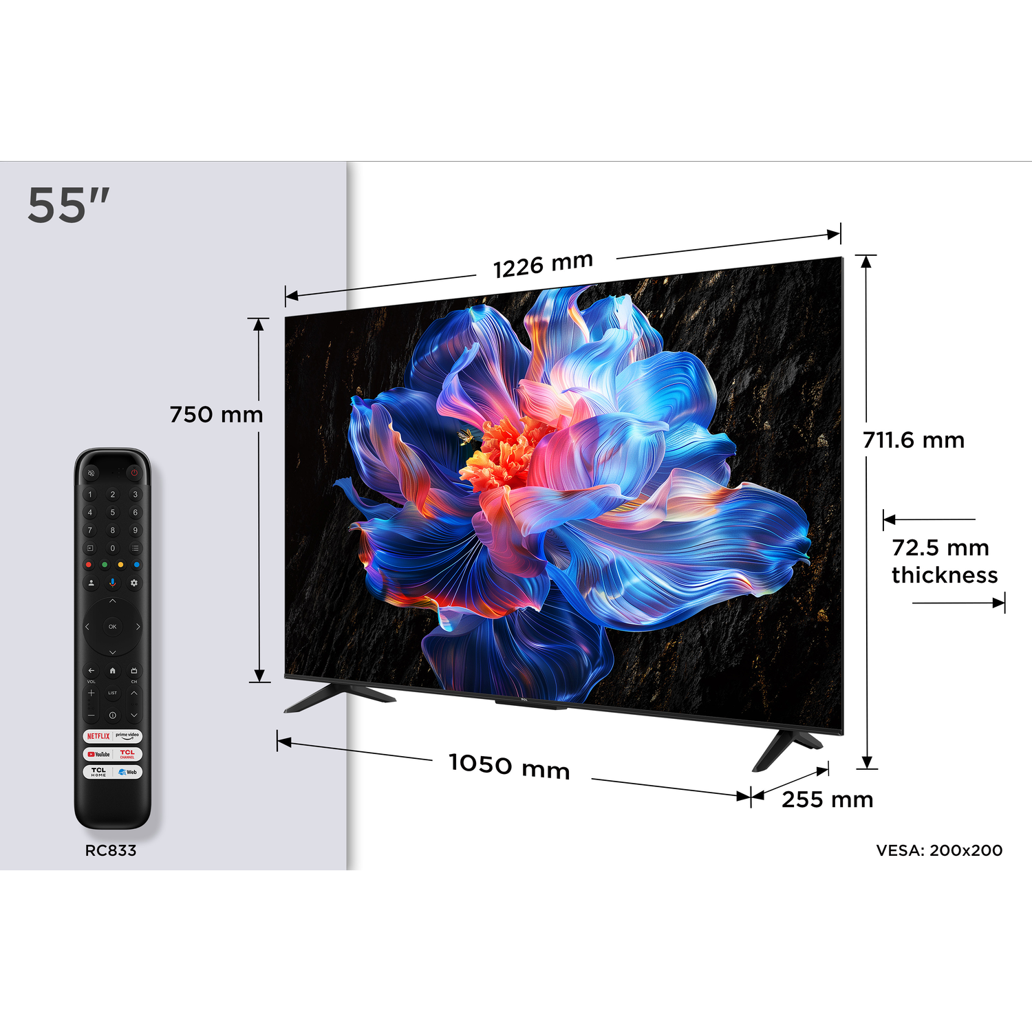 55-inch TV with dimensions and a remote control. The screen shows a colorful floral image.