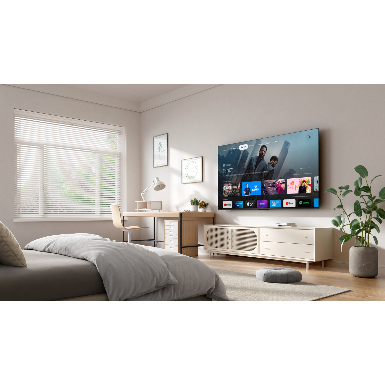 A bedroom shows a TV displaying streaming content. A bed, desk, and decorative items are also visible.
