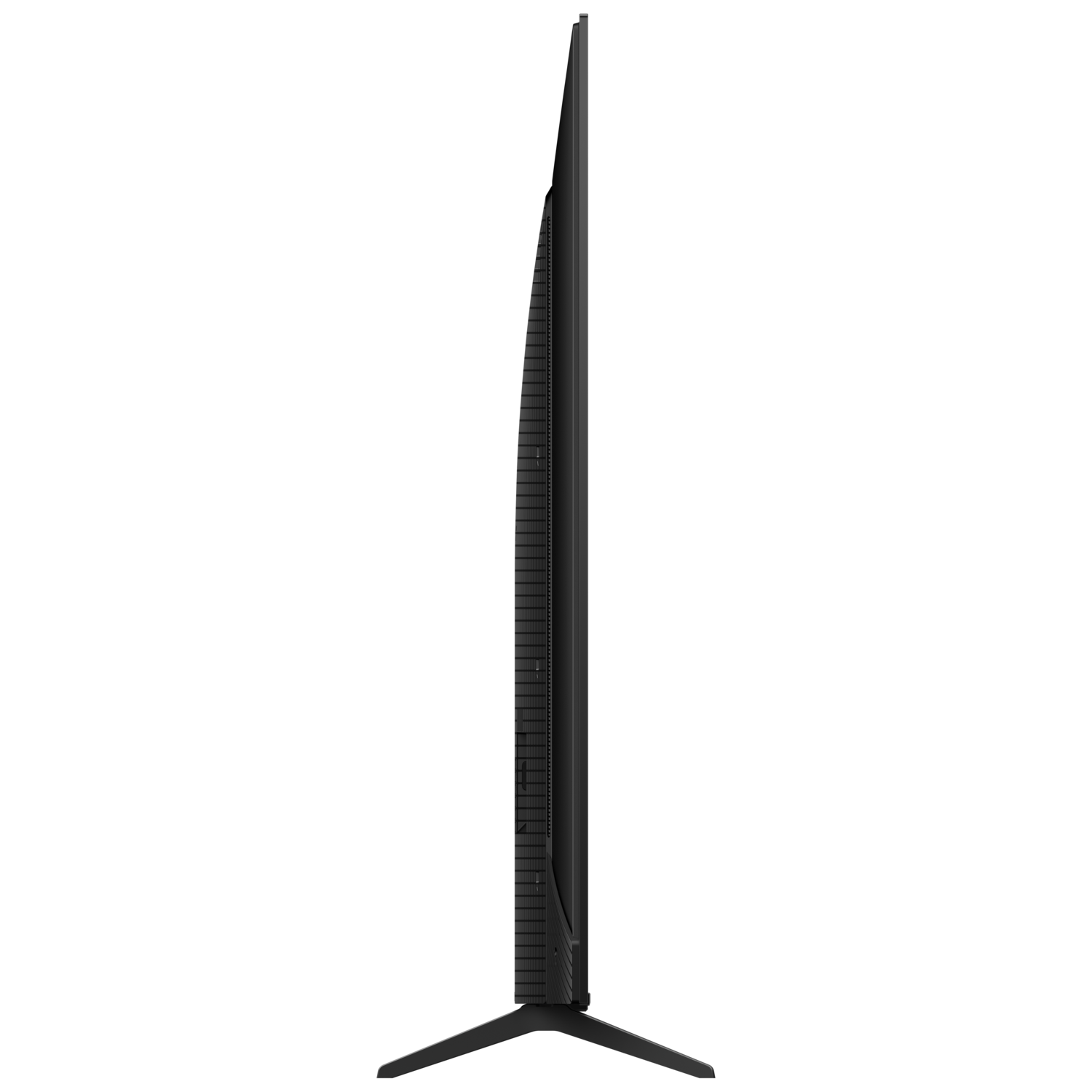 Een zwarte tv van opzij, op een zwart oppervlak.