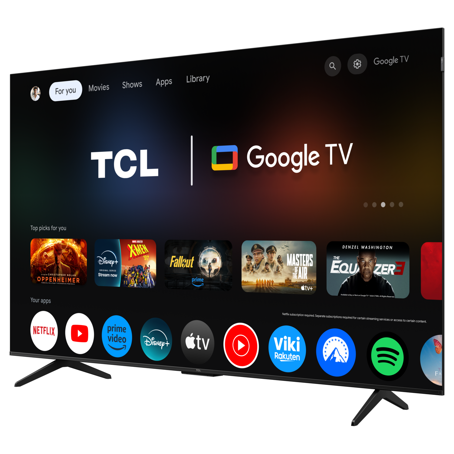 A modern TCL Google TV with a screen displaying various streaming service app icons.