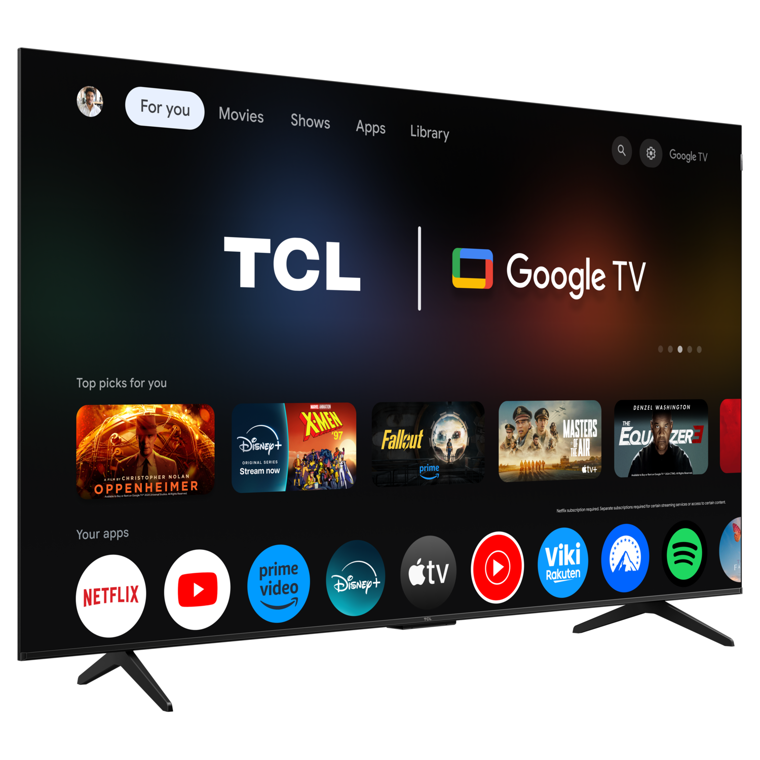 TCL Google TV screen. Showing apps, movies and TV shows. Black frame.