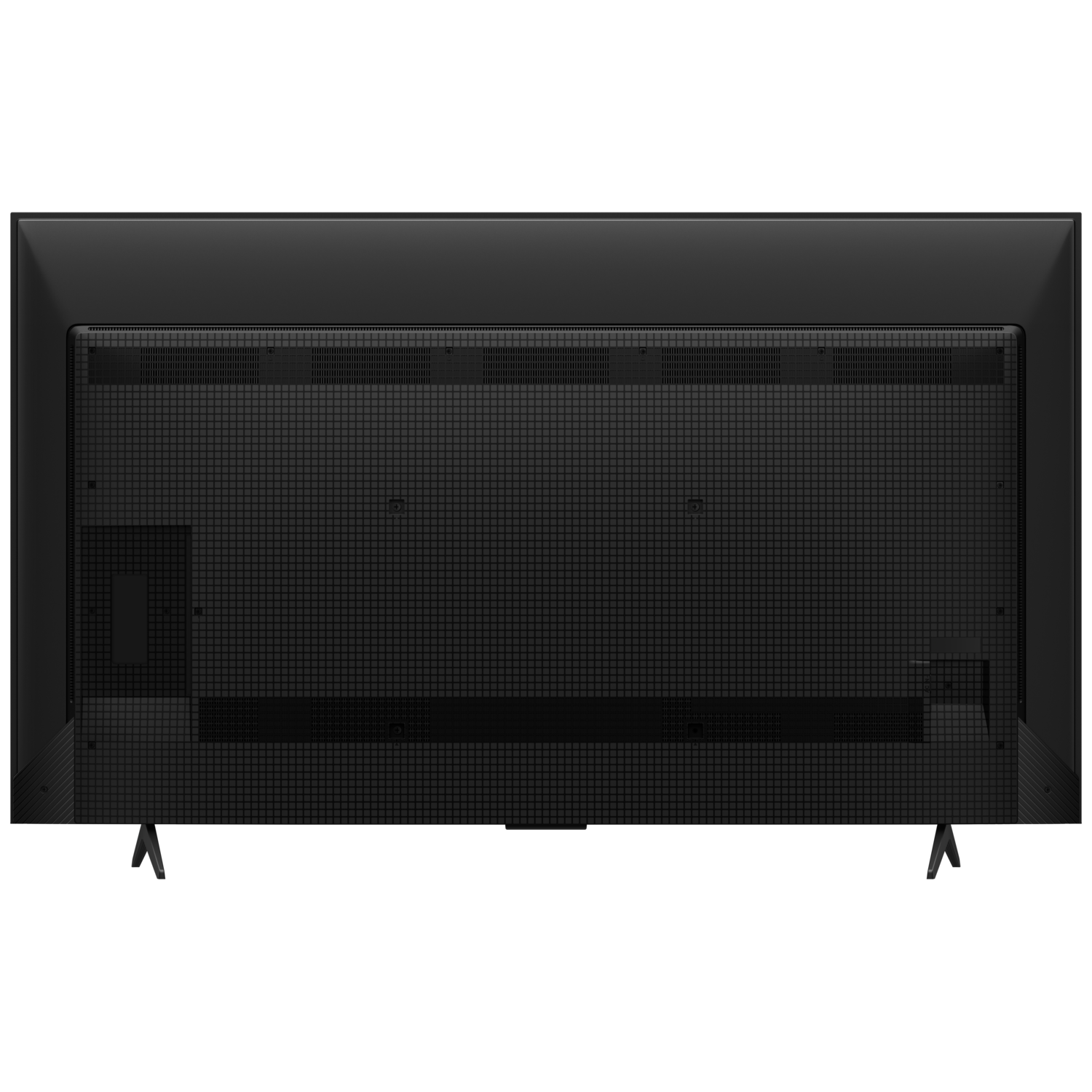 Back of a black TV on a black stand. It has a grid pattern.