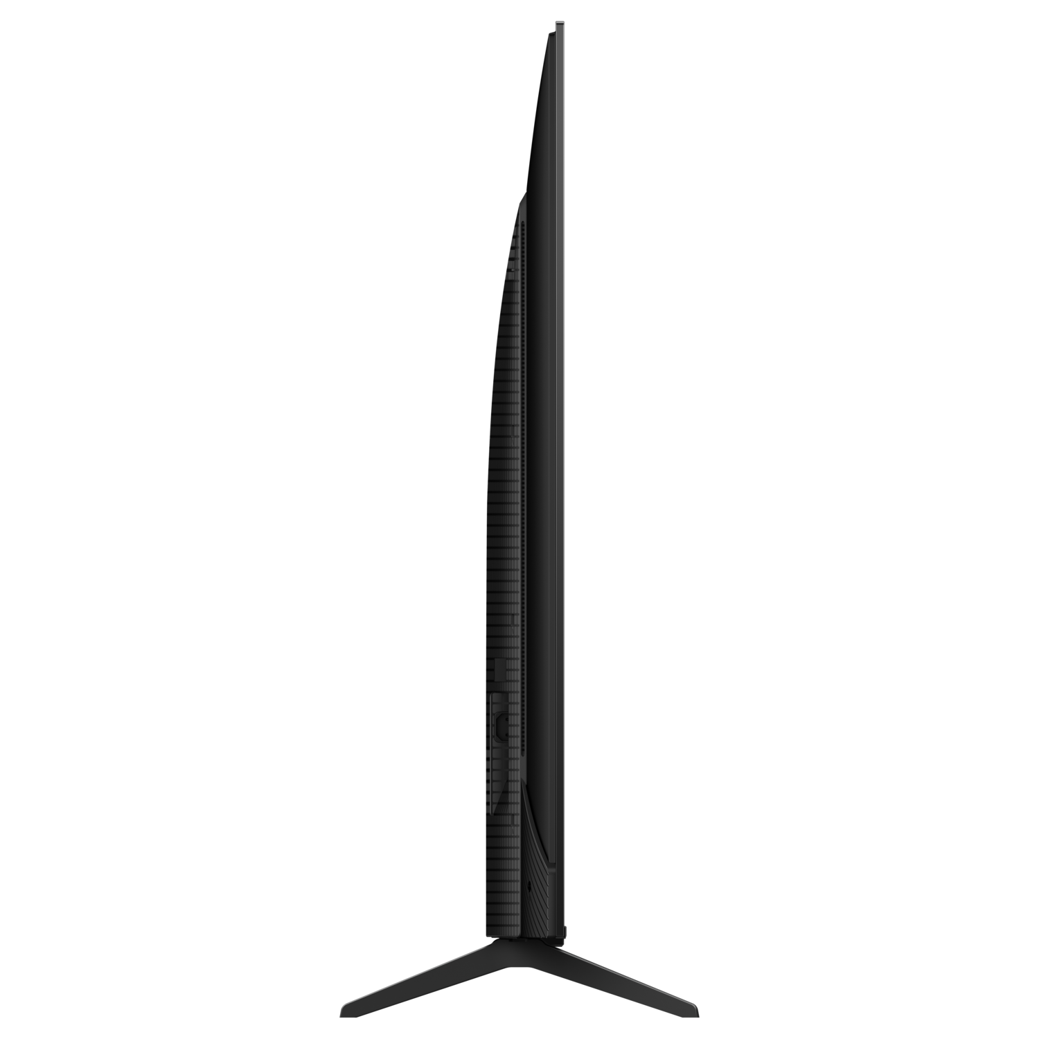 Side view of a black TV, showing the slim profile and stand.
