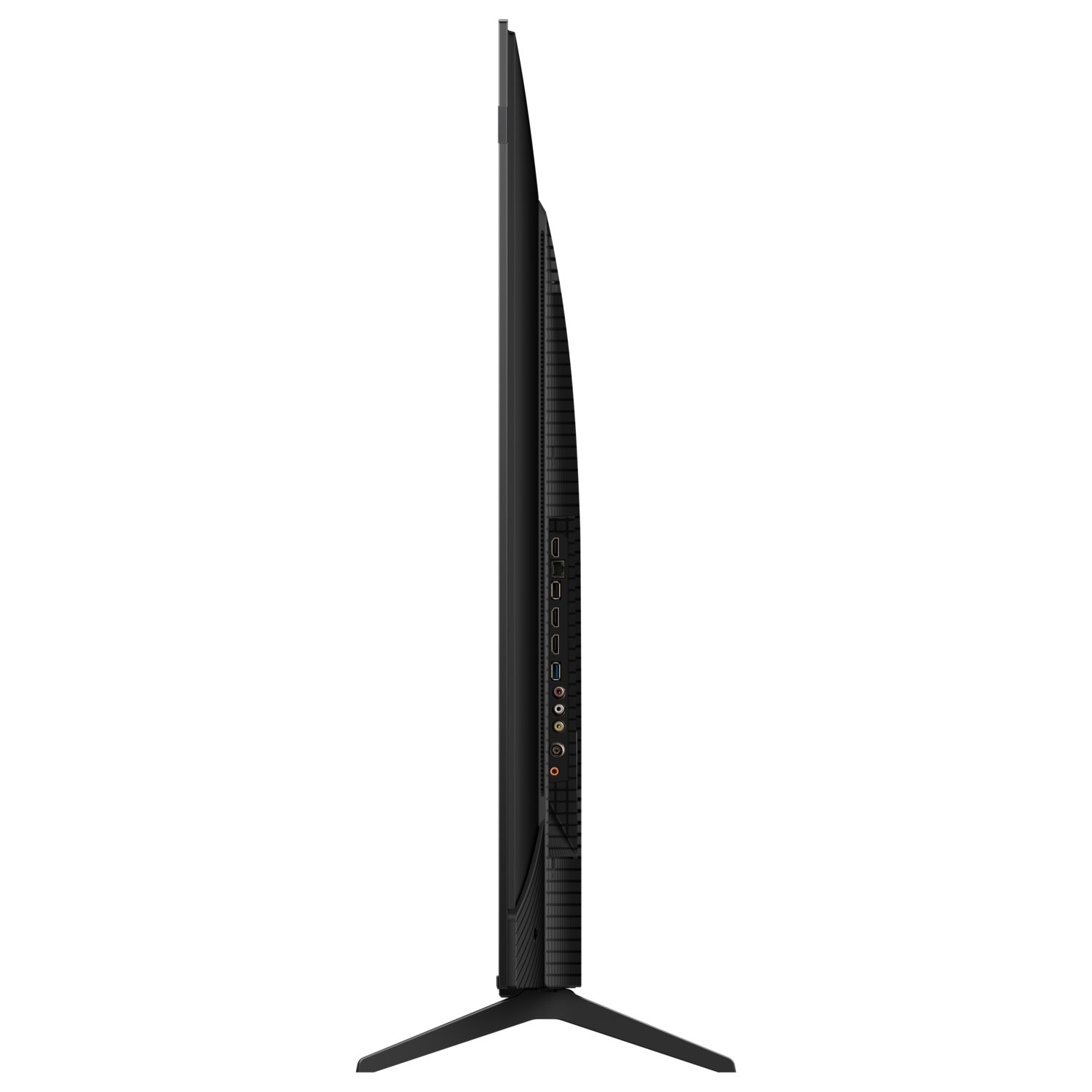 Side view of a TV with multiple ports and a stand, black background.