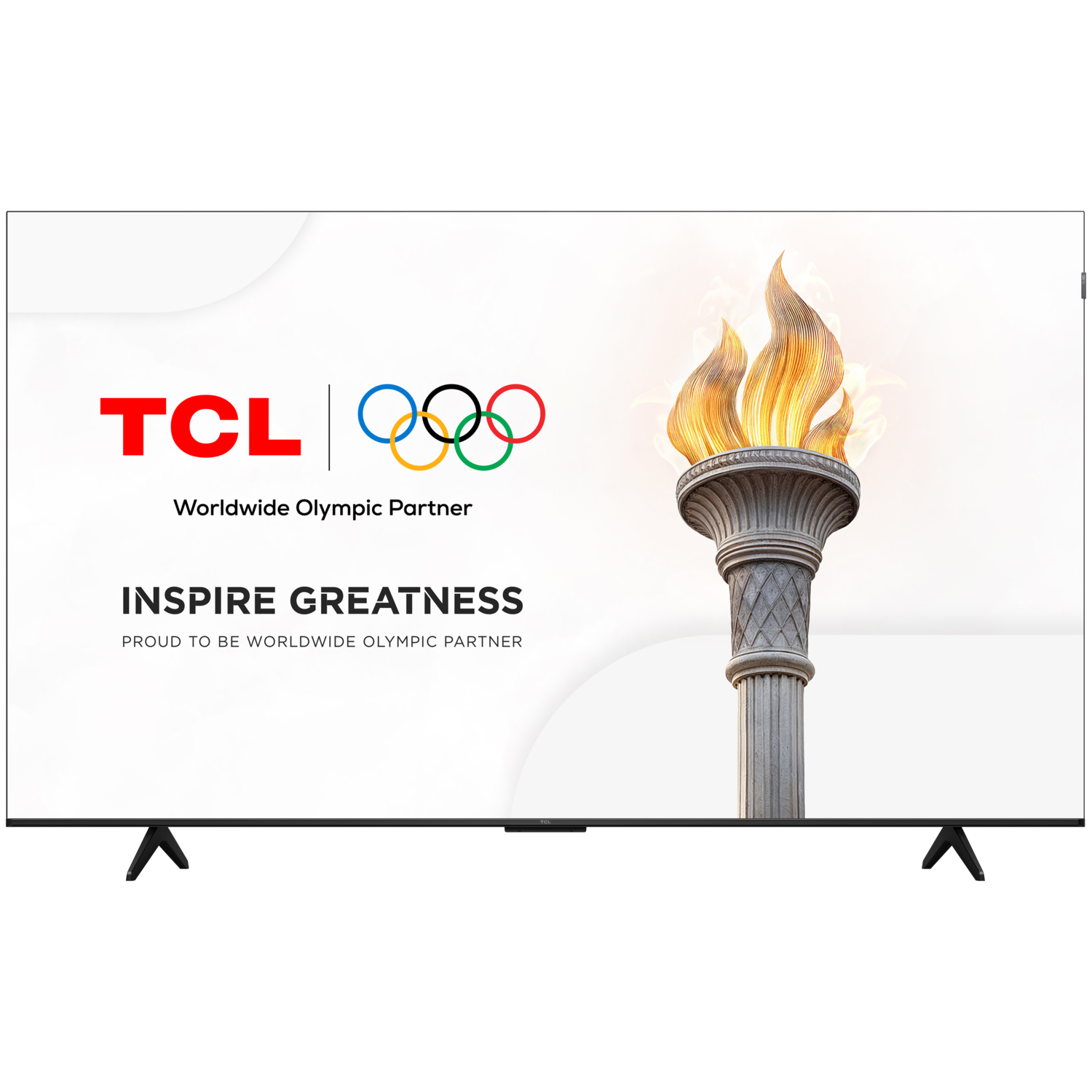 A TCL TV displaying the Olympic rings and a torch.