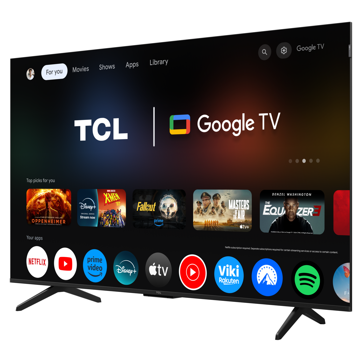 Zwarte TCL Google TV, toont het startscherm, met app-iconen en filmsuggesties.