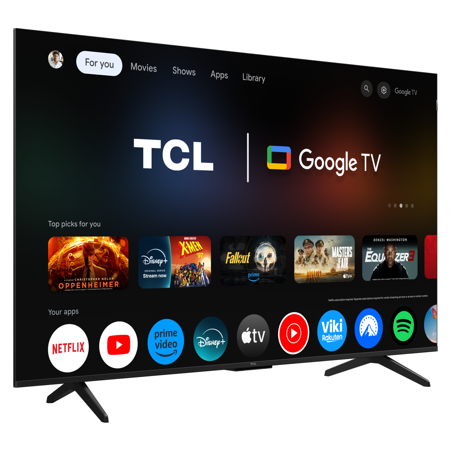 TCL Google TV-scherm met een menu van apps en films op een zwarte achtergrond.