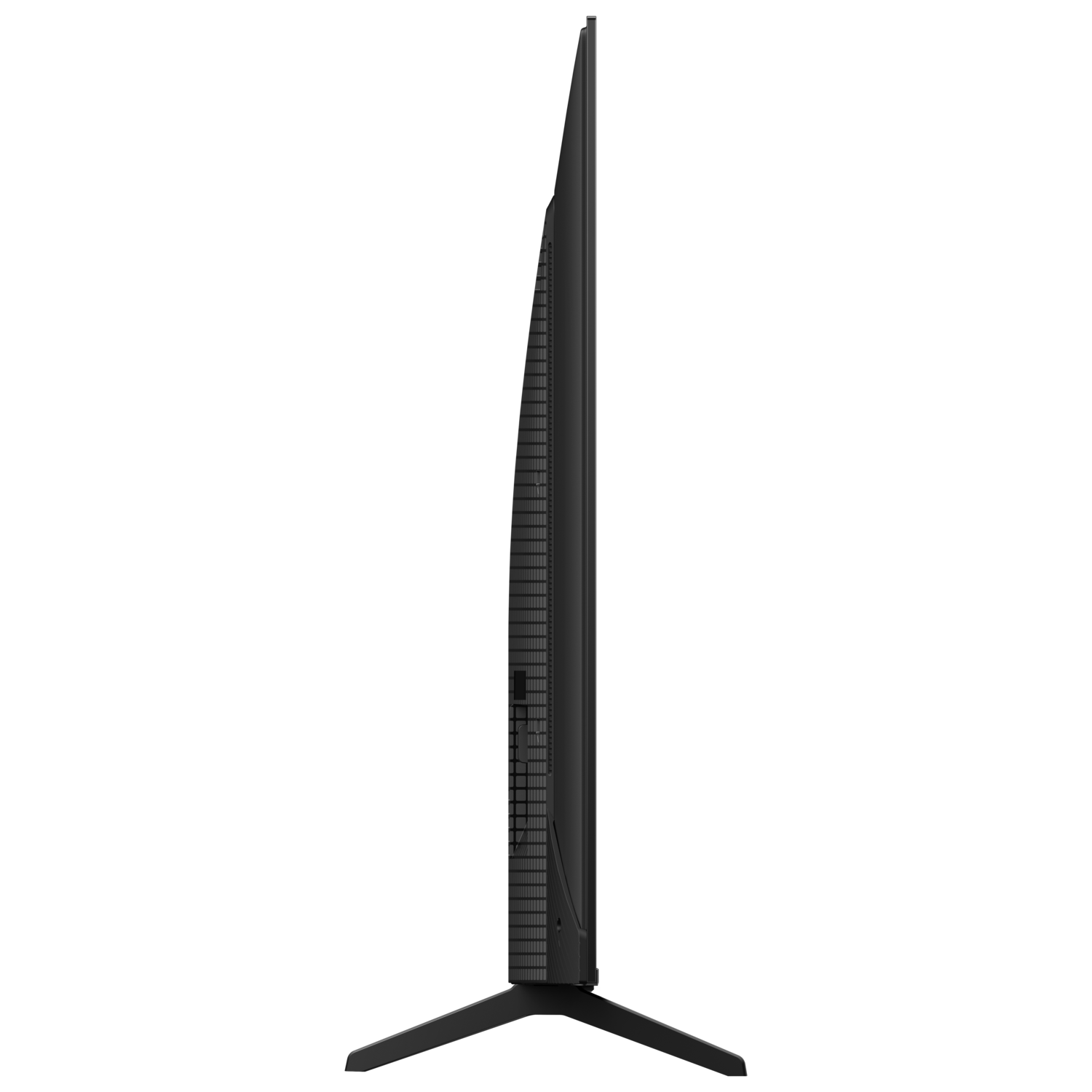 Een zwarte tv van opzij. Het scherm is zwart en de standaard is ook zwart.