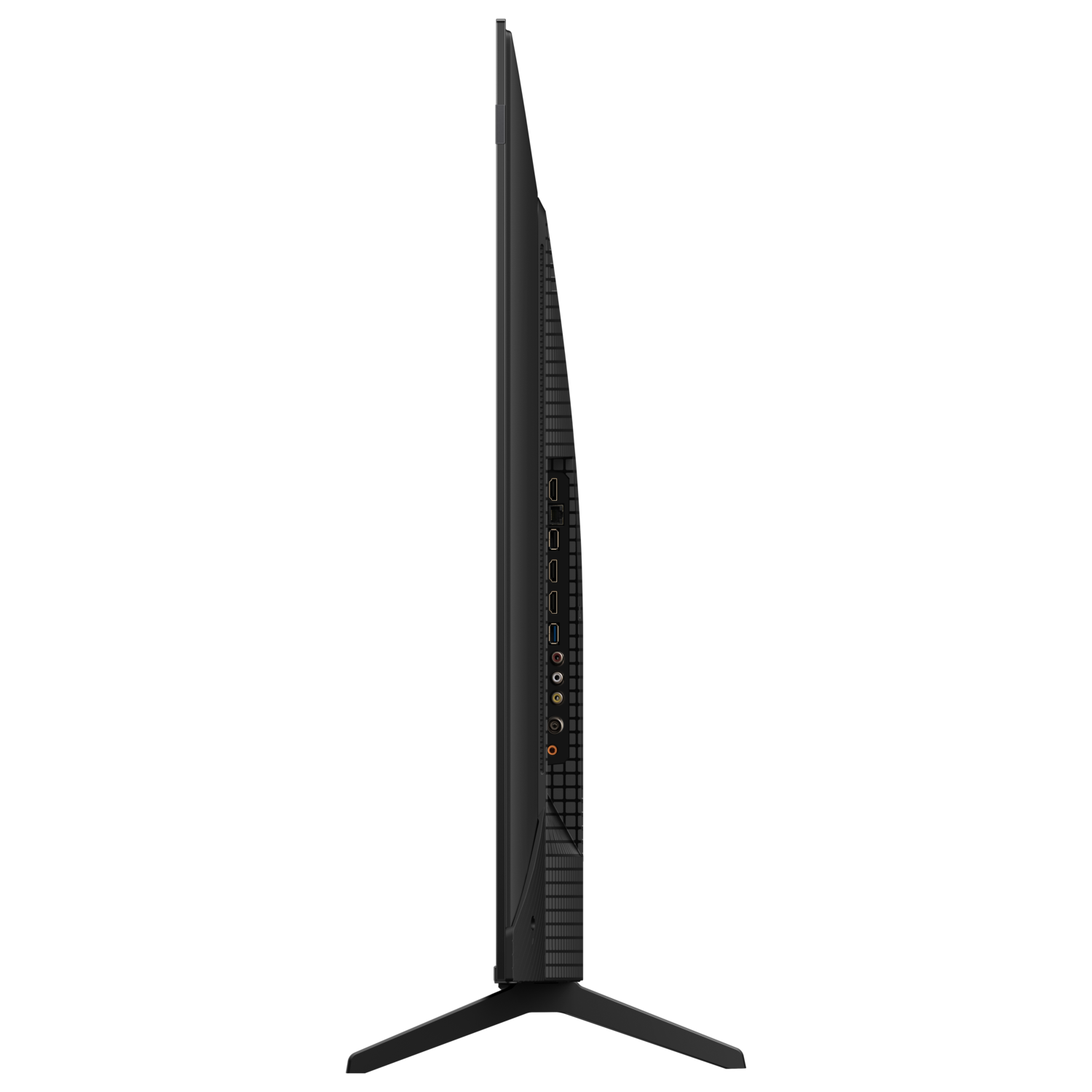 Een slanke tv van de zijkant. De tv is zwart met poorten en een standaard.