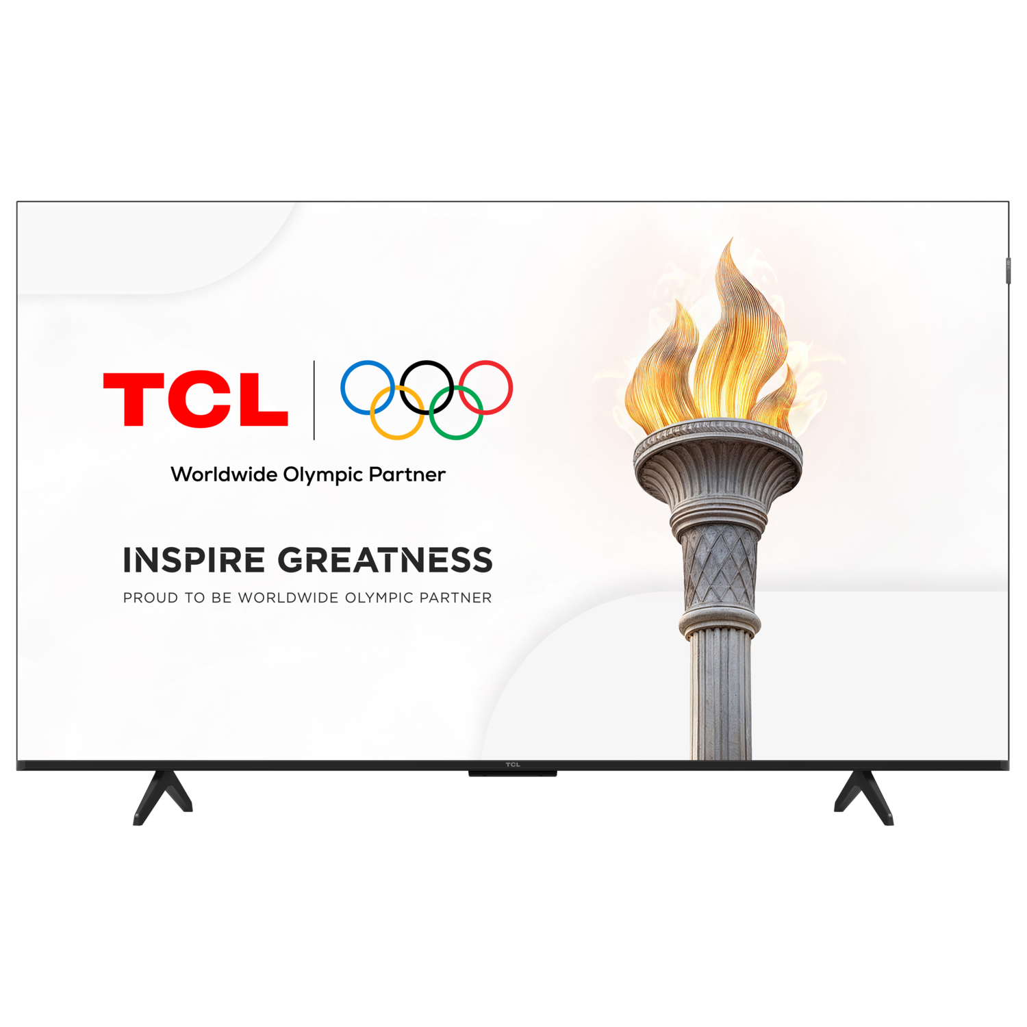 TCL TV met Olympische ringen logo, fakkel grafiek. Tekst: Inspire Greatness, trots om wereldwijde Olympische partner te zijn.