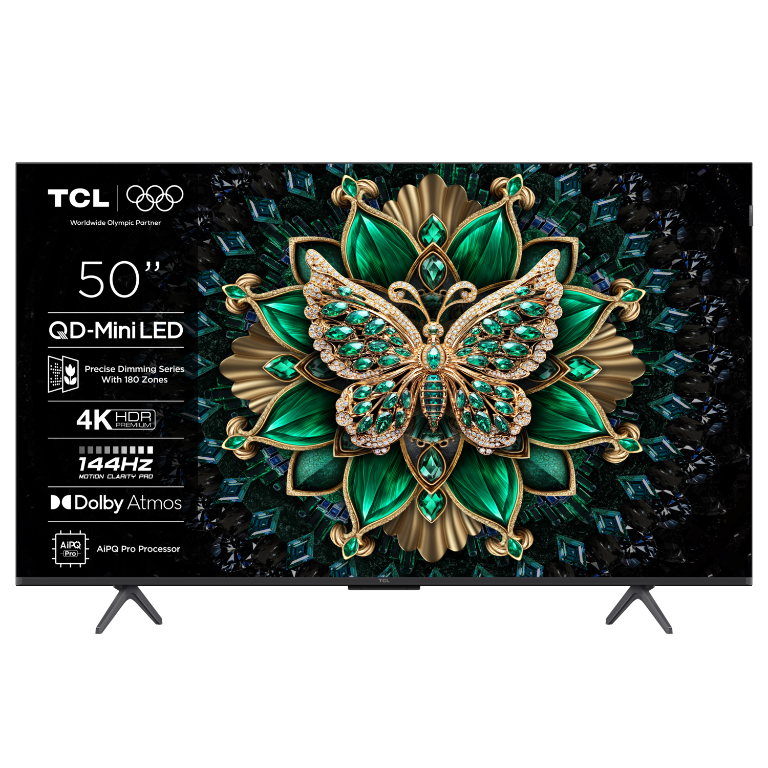 Een TCL 50" TV met een groen bloemenontwerp. Het heeft een vlinder in het midden en een donkere achtergrond.