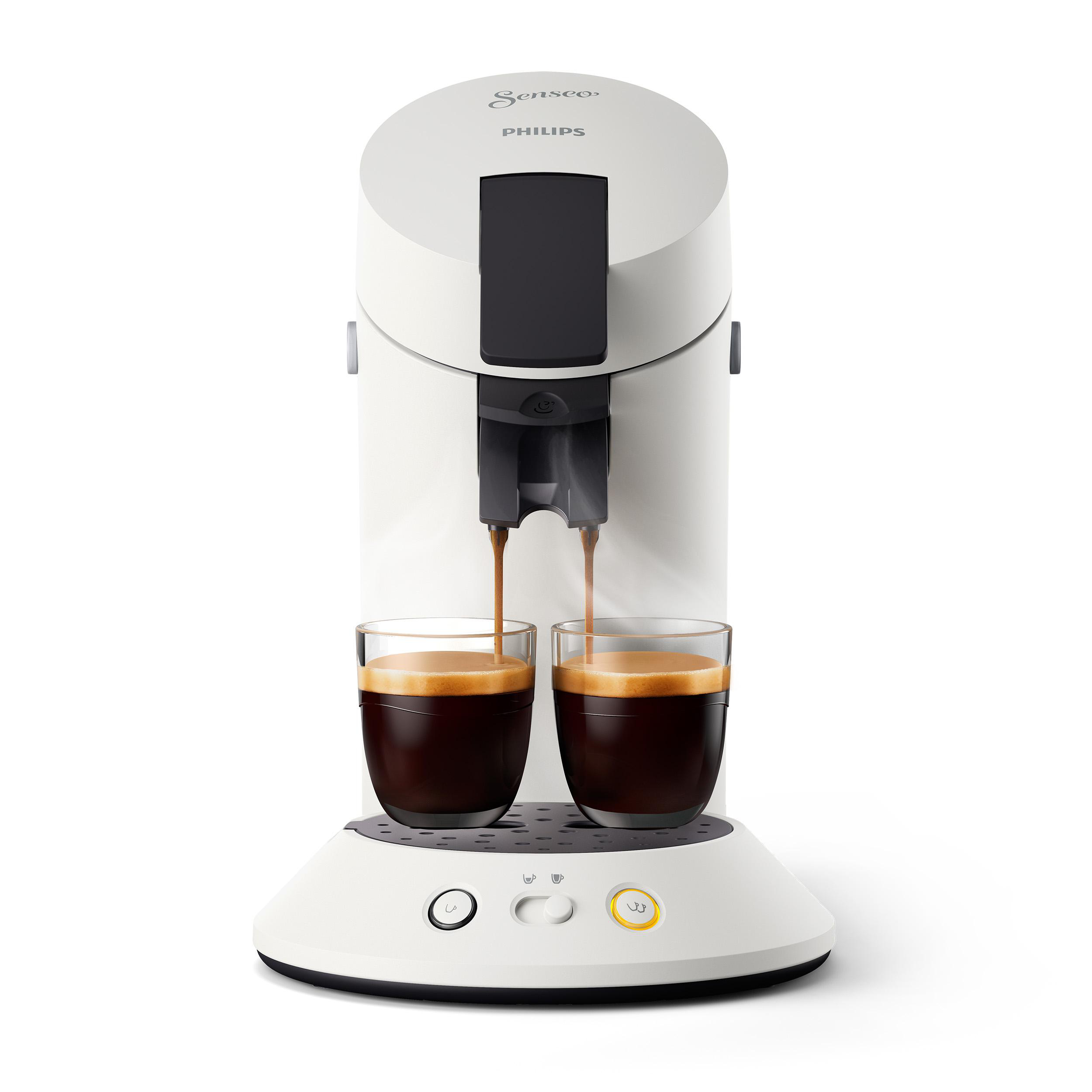 Weiße Philips Senseo Kaffeemaschine, die Kaffee in zwei klare Gläser zubereitet.