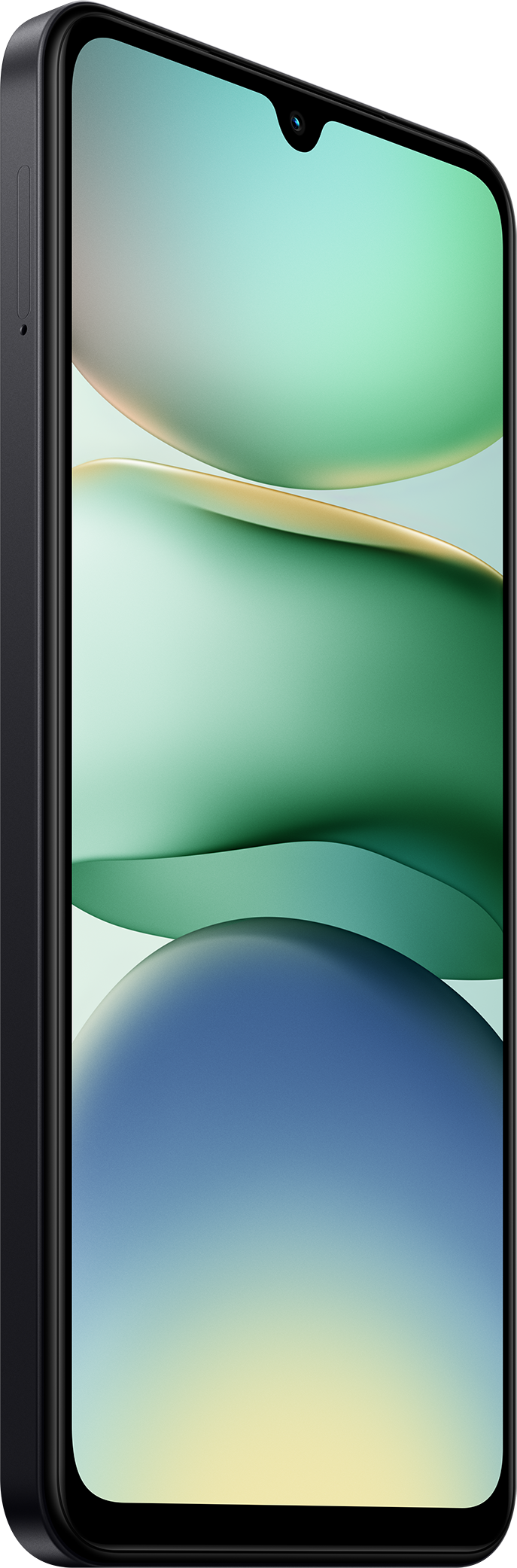Egy fekete telefon, melynek képernyője zöld és kék hátteret mutat. A telefon ferdén van.