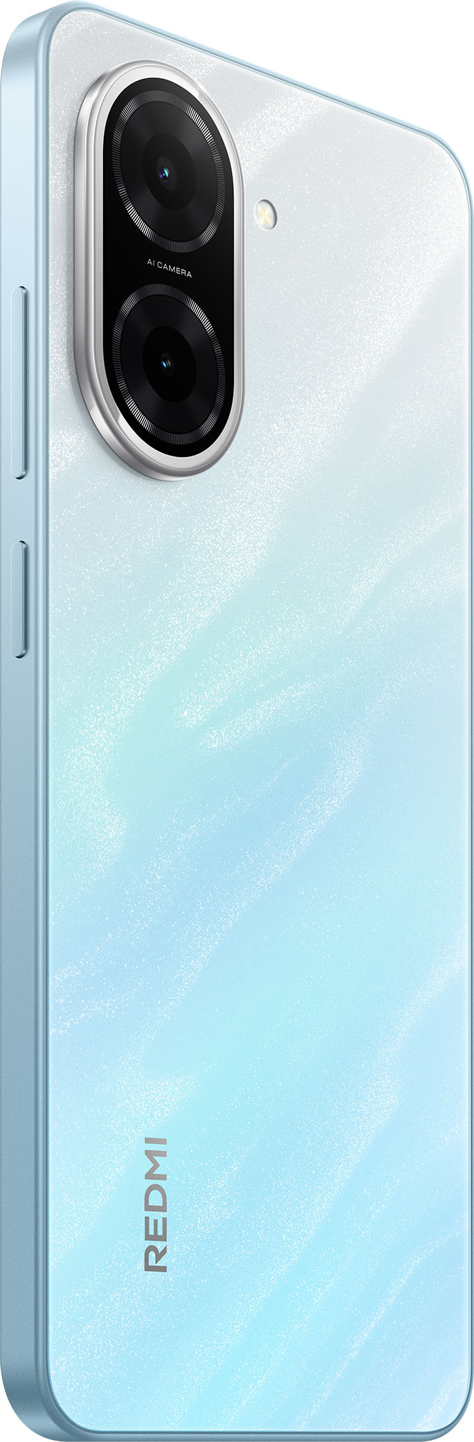 Egy fehér és világoskék Redmi telefon, hátulról nézve, két kamerával.