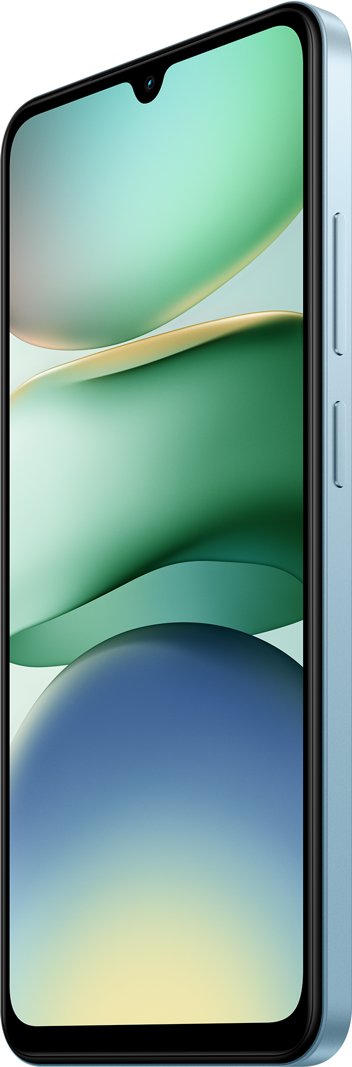 Világoskék telefon, oldalsó nézet, elmosódott absztrakt háttérrel.