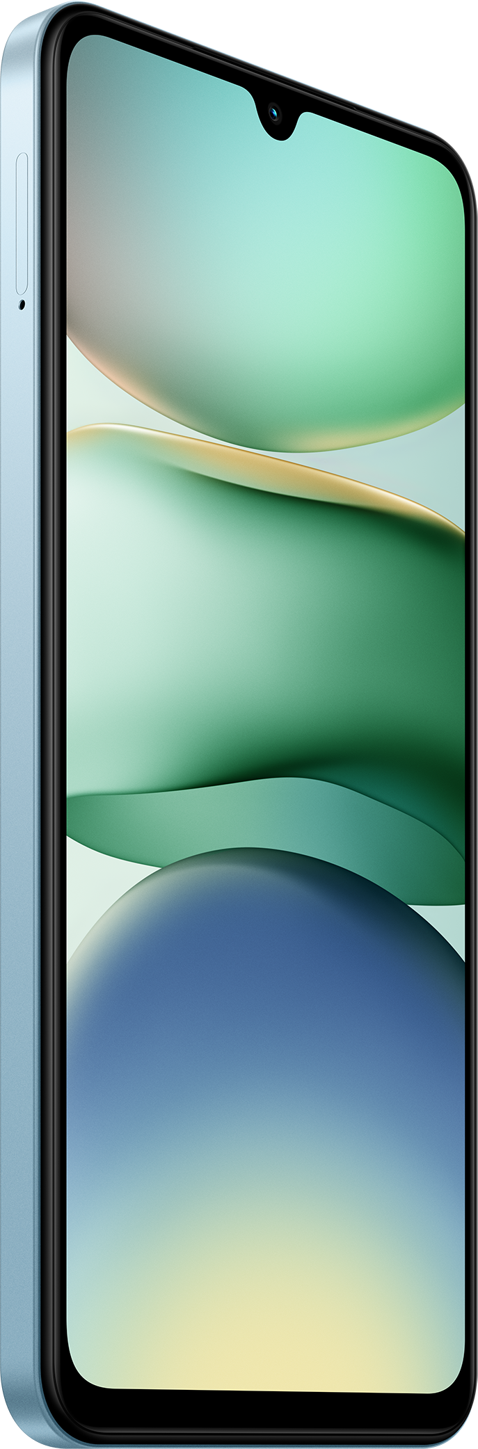 Egy kék telefon, amely az oldalát mutatja, a képernyőn zöld és kék dizájn látható.